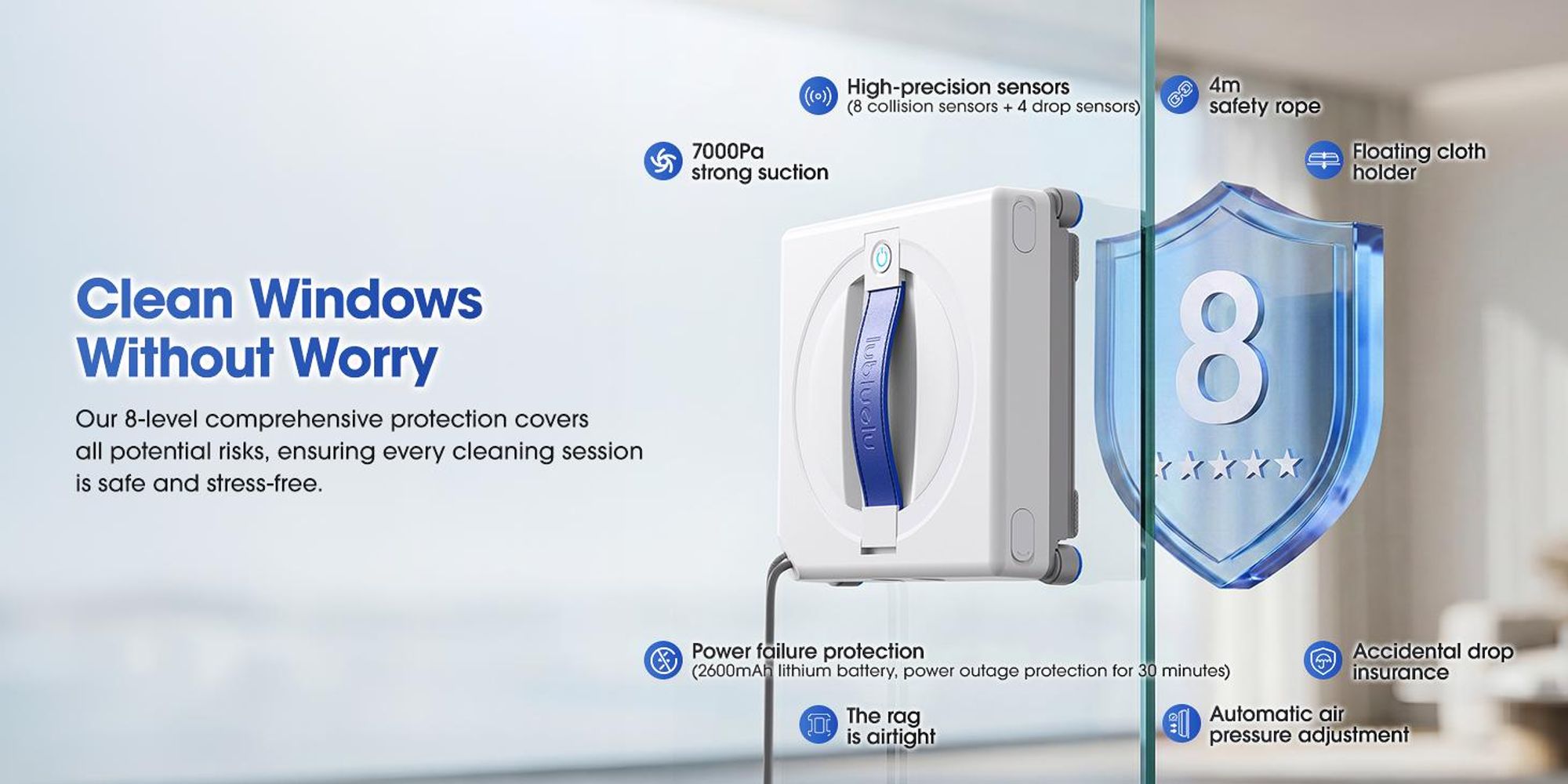 Lubluelu W100 Fensterputzroboter Fensterputzroboter mit Sprühfunktion Glasreinigungsroboter mit Fernbedienung und 4M Sicherheitsseil 7000PA Saugkraft