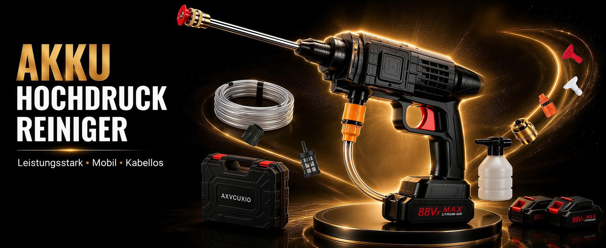 Akku-Hochdruckreiniger 88VF, 2x 3000mAh Akkus, Schaumsprühe, PET-Flaschen Adapter, für Auto & Garten, 5m Schlauch, aus jeder Wasserquelle