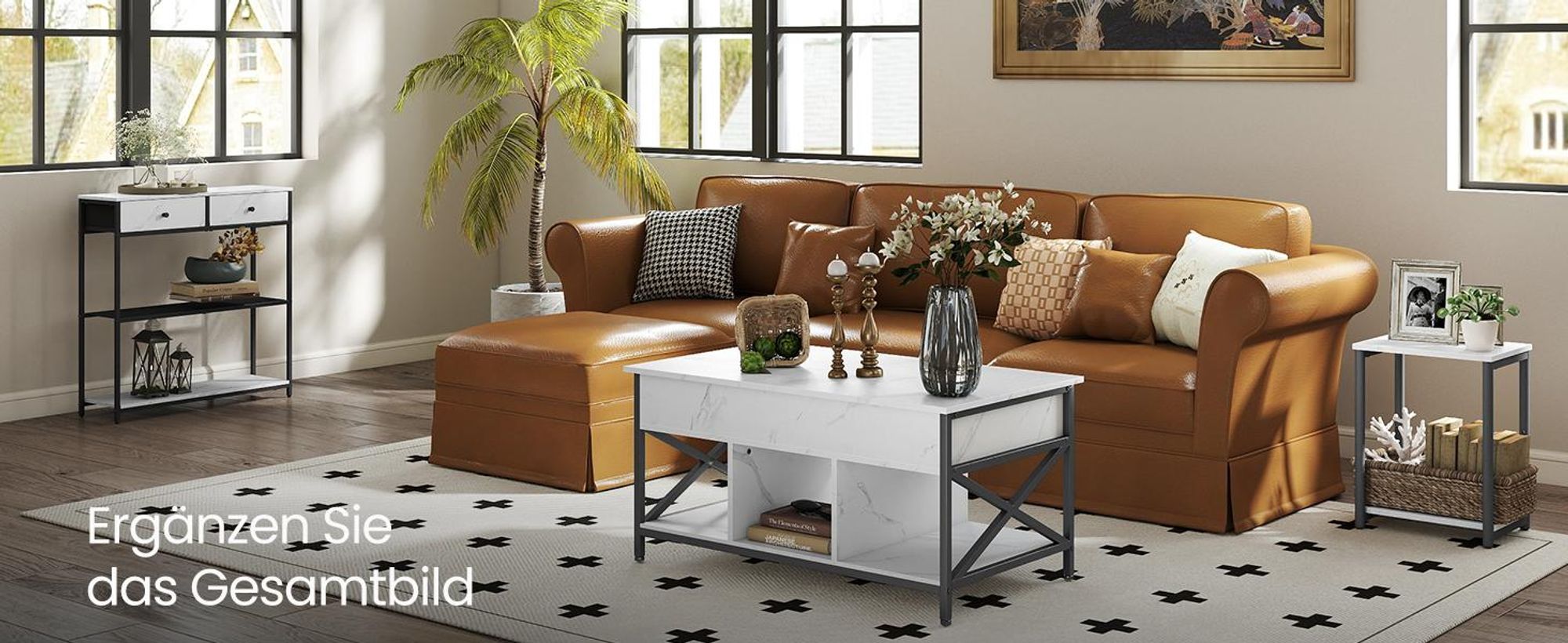 VASAGLE Konsolentisch schmal, Beistelltisch mit 2 Stoffschubladen, Flurtisch, 24 x 76 x 80 cm, für Flur, Wohnzimmer, marmorweiß-tintenschwarz