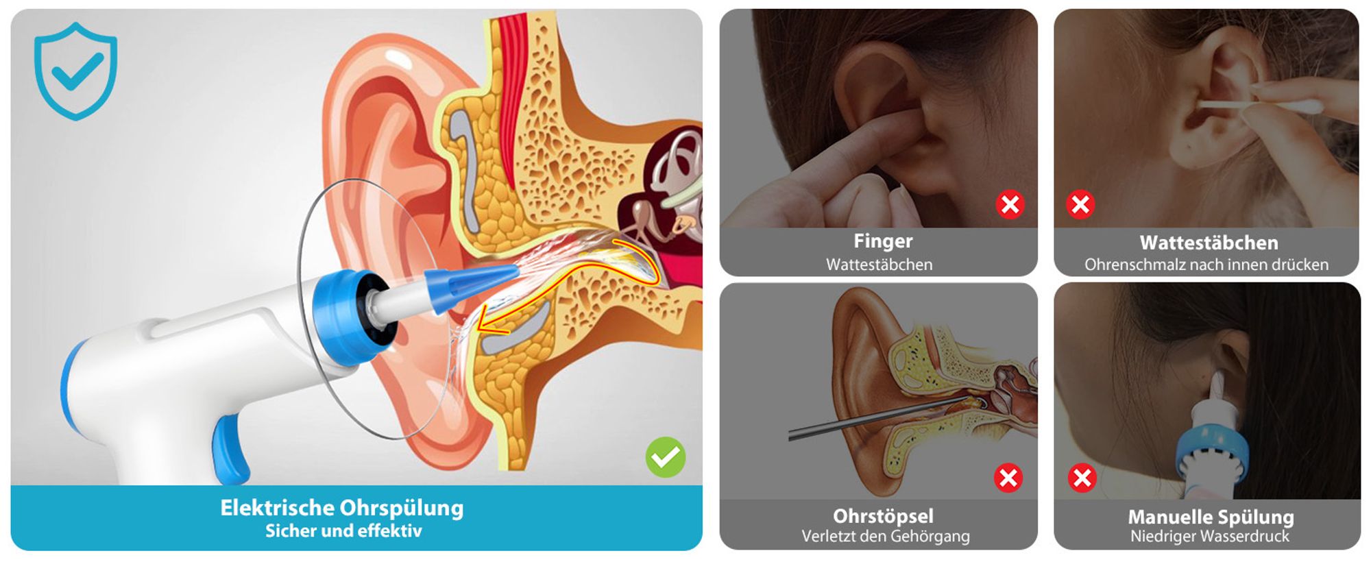 Ohrenschmalz-Entferner, Ohrenreiniger, elektrischer Ohrenreiniger, Ohrendusche, Ohrenreinigungsset mit 4 Reinigungsmodi und 10 Ohrstöpseln