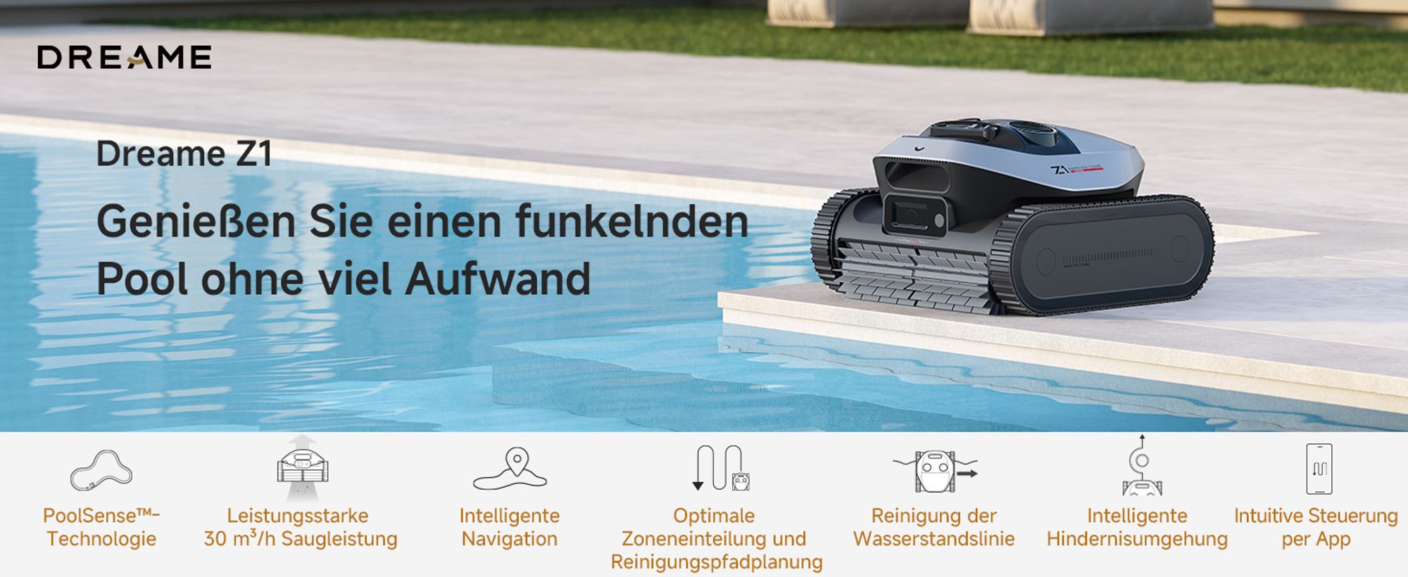 DREAME Poolroboter Z1, Hightech-Poolerkennung & Pfadplanung, hohe Saugleistung, Poolboden, Wand- & Wasserstandslinienreinigung, für Pools bis 180 ㎡