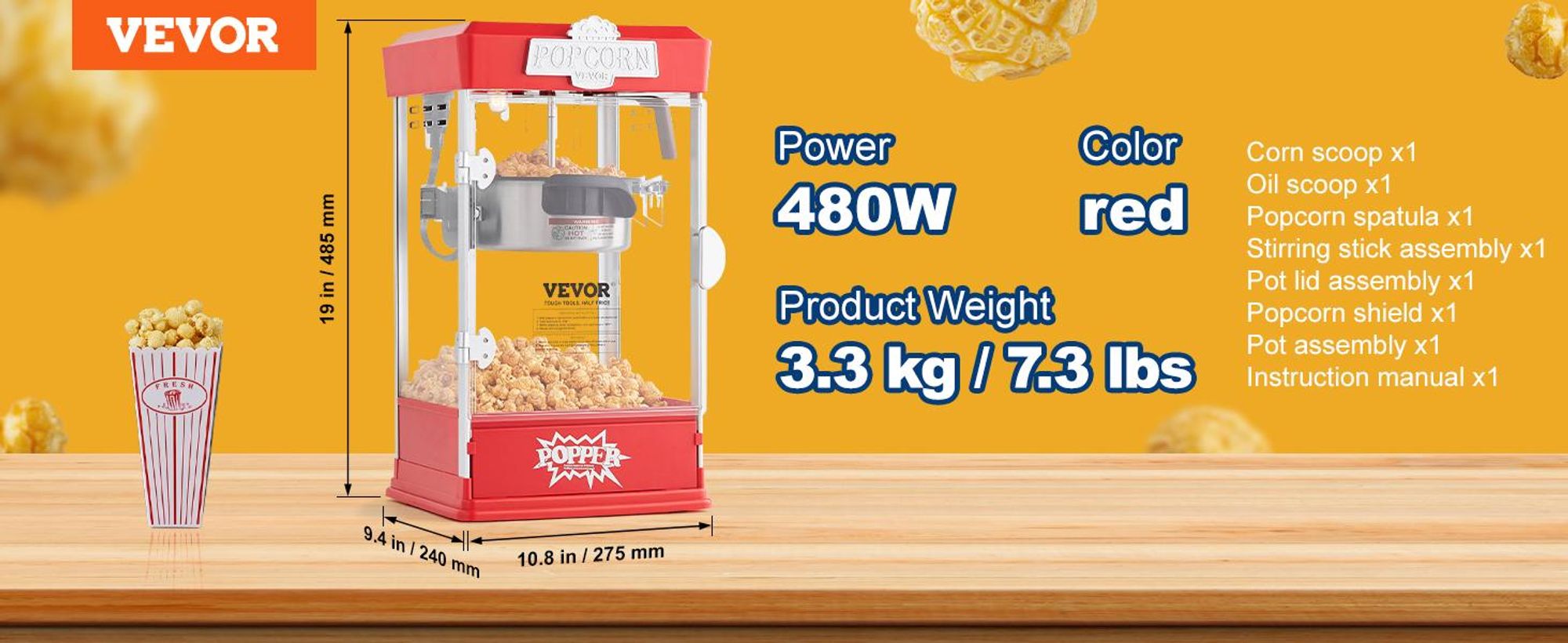 VEVOR Popcornmaschine, 850W Popcorn Popper, 8 Oz Kessel macht 48 Tassen pro Charge, Tisch-Popcornmaschine mit gehärtetem Glas, inklusive 4 Schaufeln, im Kino-Stil, Rot, Rot-b, 4oz-a