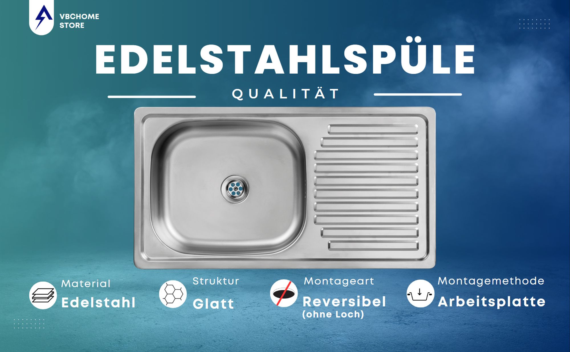 VBChome Edelstahlspüle 75 x 40 x 14 cm Edelstahl Glatt Küchenspüle mit Hahnloch Spüle Linksseitig Pflegeleichte Abtropffläche Ablaufgarnitur Siphon
