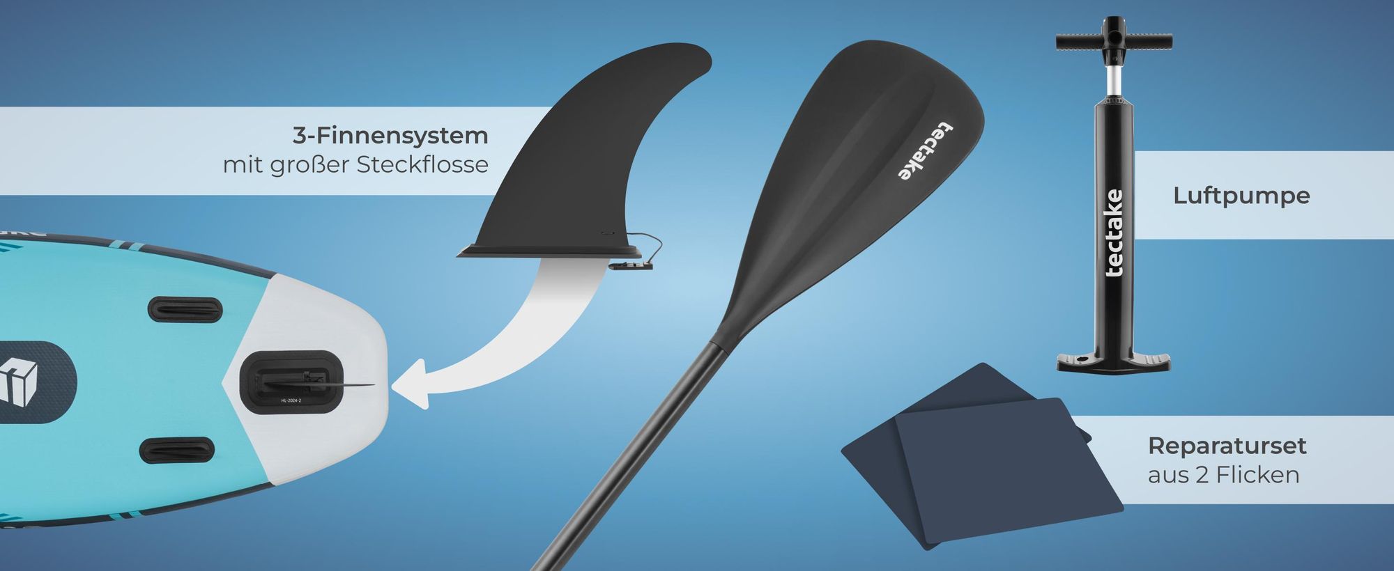 tectake Stand-Up Paddle Board aufblasbar Komplettset - Kippstabilität, Drop-Stitch-Material, 3-Finnensystem. Größe: 288x77x22.5 cm
