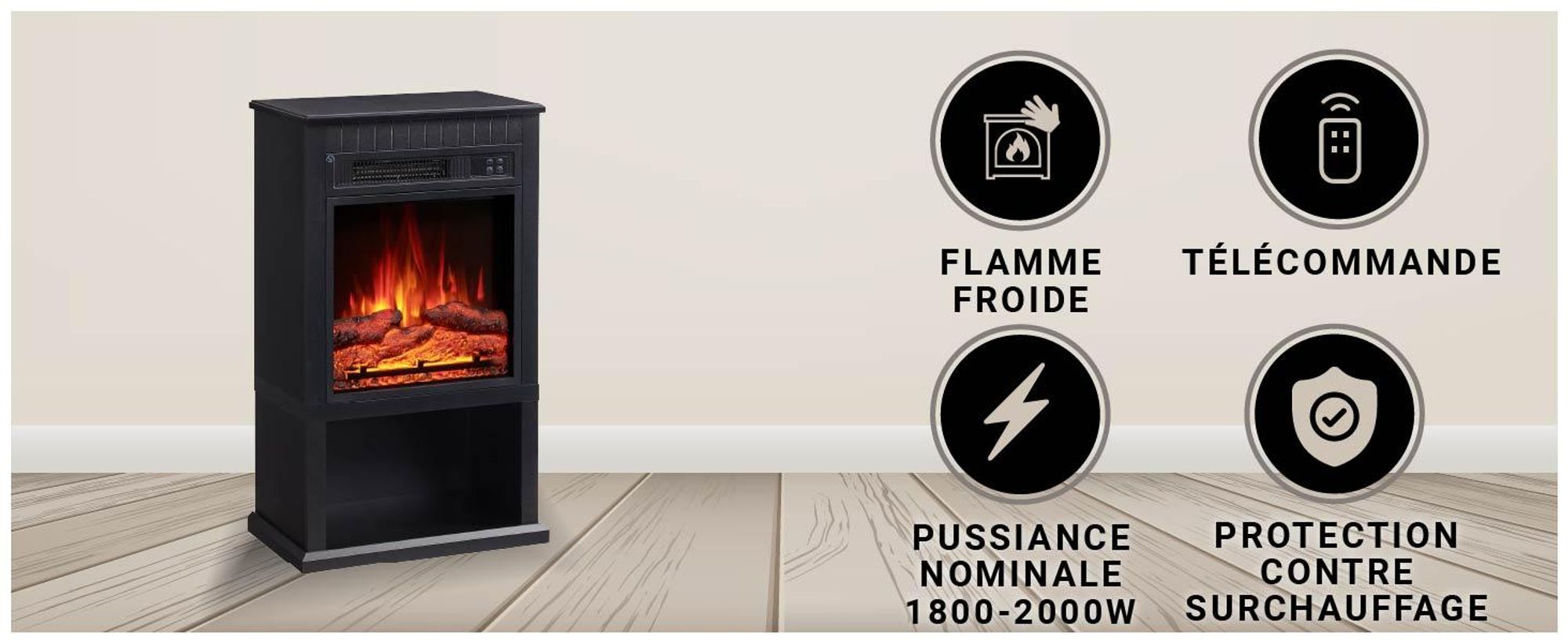 Cheminée électrique sur pied BALDERIA Ember – Puissance de chauffage jusqu'à 2 000 W, noire