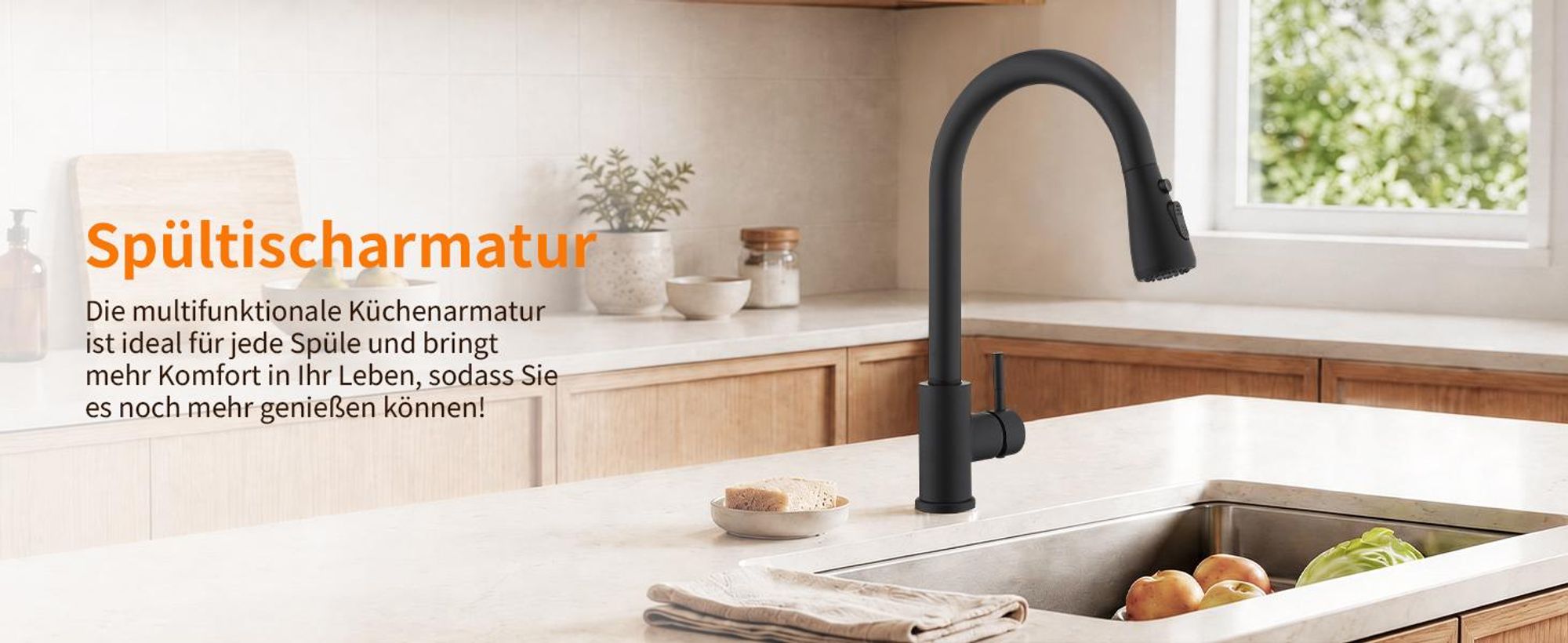 Homelody Schwarz Küchenarmatur Spültischarmatur mit Brause 35cm, Wasserhahn Küche Ausziehbar mit Zwei Wasserstrahlarten, 360°Schwenkbar, Edelstahl 304
