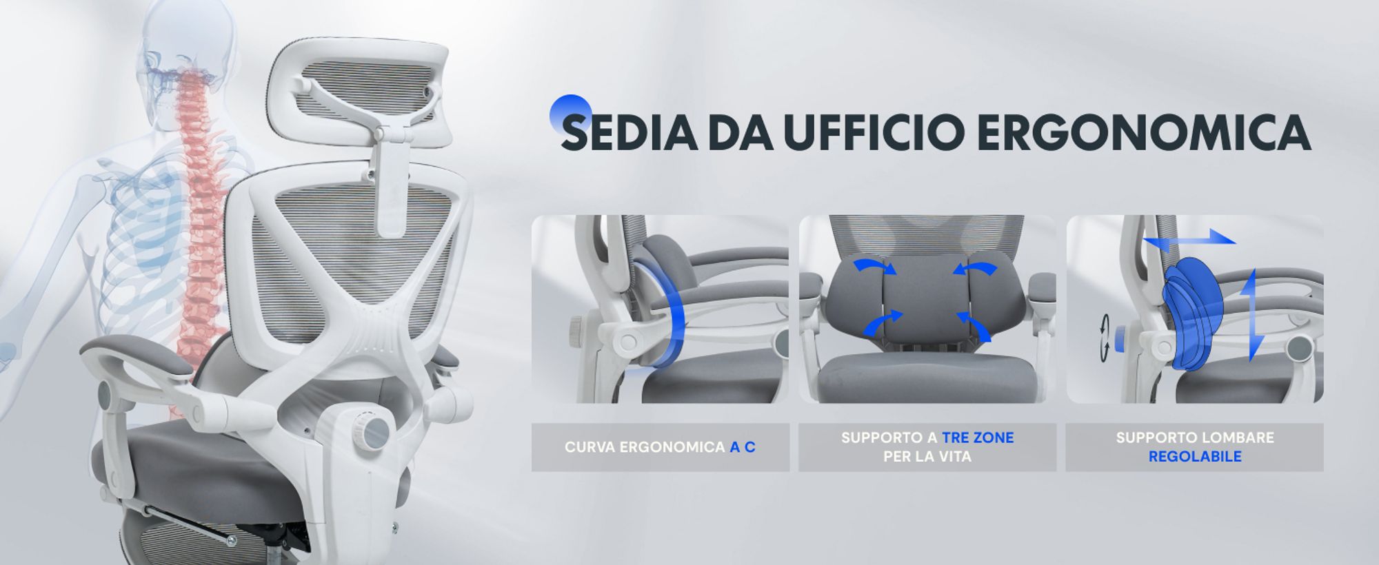 FLEXISPOT: sedia da ufficio ergonomica con poggiatesta 3D, supporto lombare regolabile, funzione reclinabile da 90 a 135°, braccioli collegati, poggiapiedi, portata massima 136 kg, colore grigio