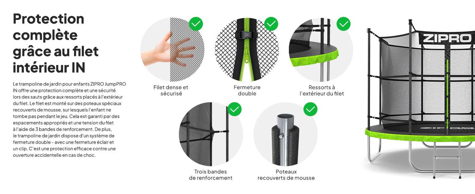 Trampoline ZIPRO Jump Pro IN | 8FT Ø 252 cm | Trampoline de jardin Trampoline pour enfants Kit complet avec filet intérieur, échelle et housse de protection, extérieur, vert