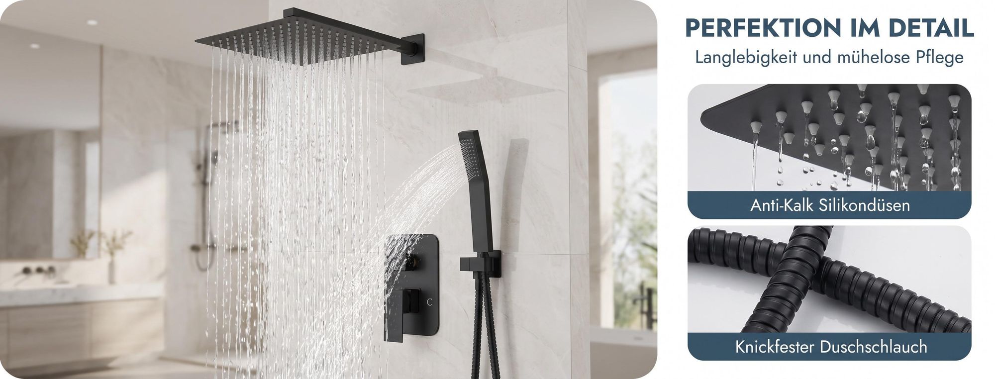 ROSEJANE Unterputz Duscharmatur Set mit Regendusche 30 × 30 cm, Duschsystem mit Kopfbrause und Handbrause, Edelstahl, G1/2, Chrom