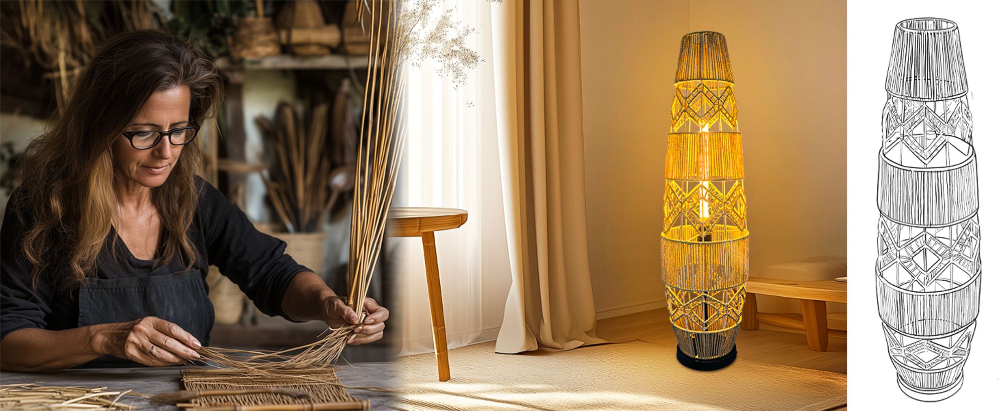 WISFOR Stehlampe Stehleuchte Vintage Bodenleuchte Rattan Boho Stehlampe Fußschalter 3 Lichtfarbe Standleuchte Standlampe 2700k/4500k/6500k 1400lm 35m²