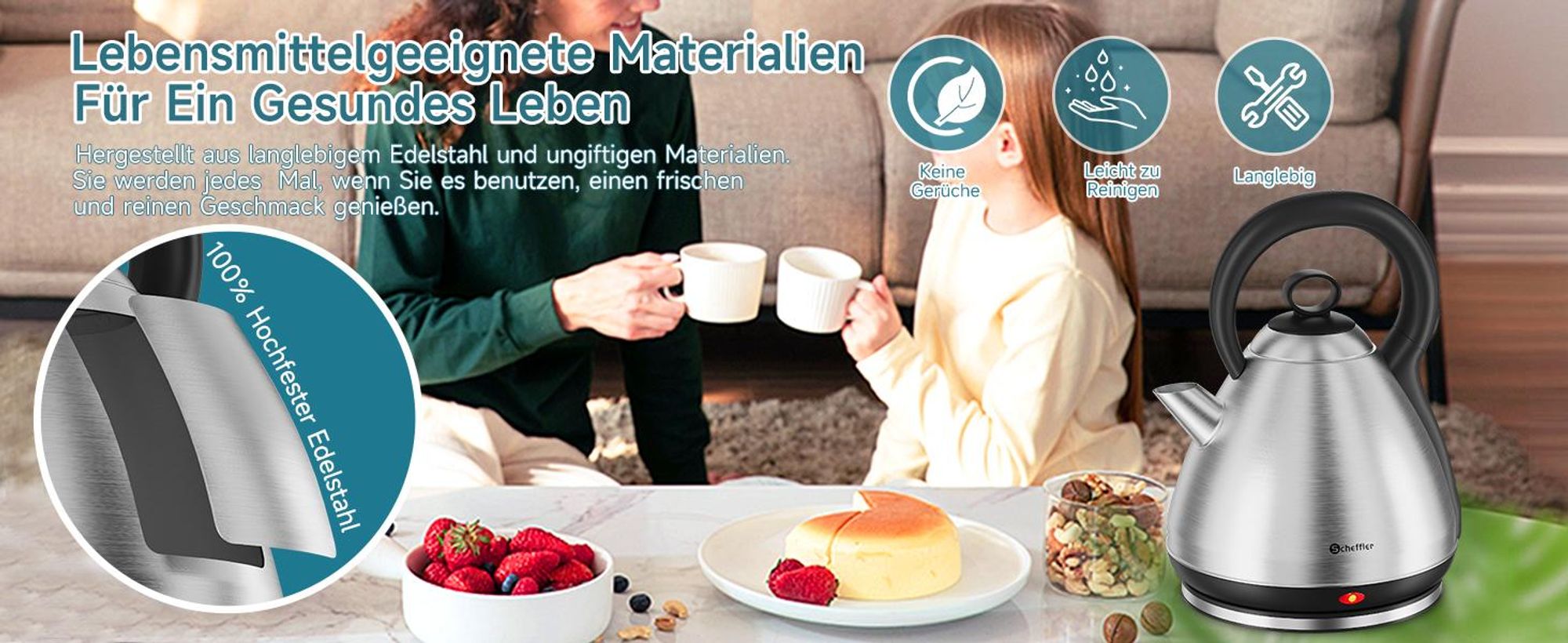 SCHEFFLER Wasserkocher Edelstahl 3,5Liter Teekocher Elektrischer Trockengehschutz Schnellkochfunktion Perfect-pour-Ausgustülle Fester Filter BPA-frei