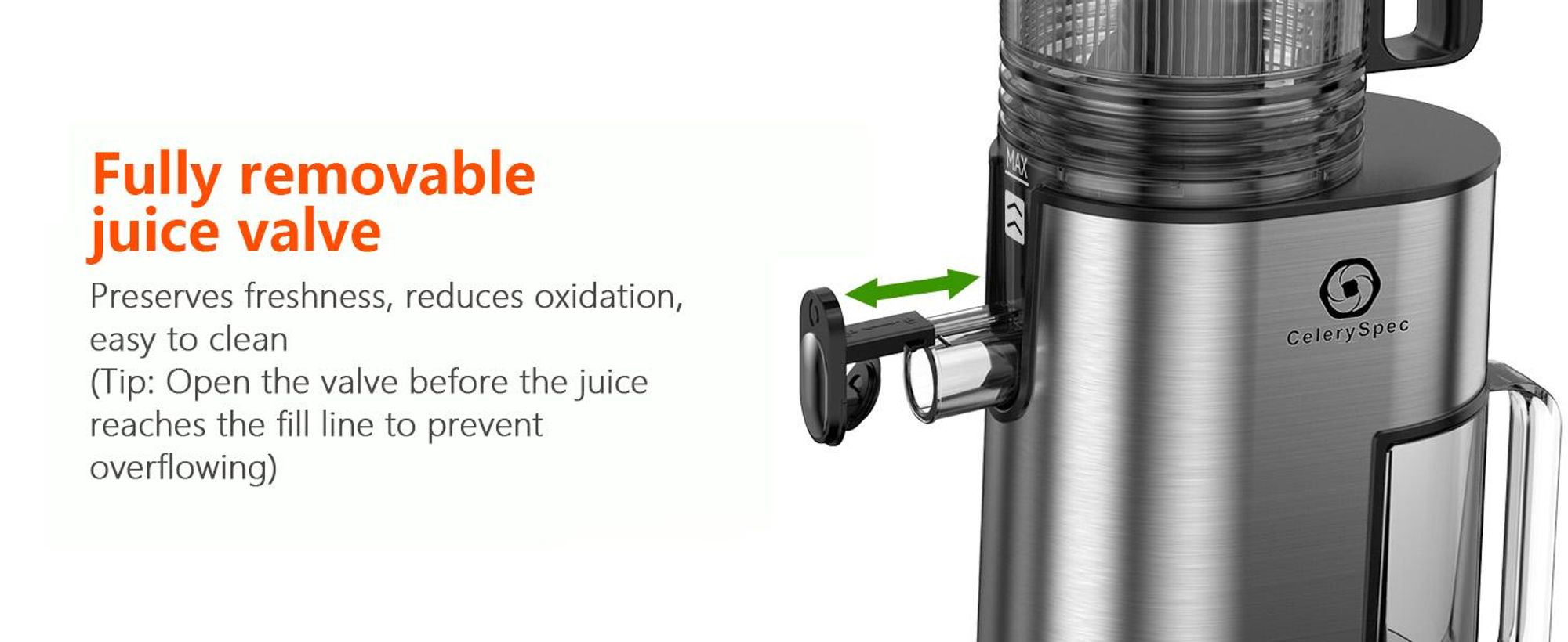 CelerySpec SJ-048-EU-SS Odšťavňovač - Na celou zeleninu a ovoce Příkon 250 W Objem odšťavňovače 1,8 l Materiál bezpečný pro potraviny Nerezová ocel 130 mm Otvor pro podávání Funkce zpětného chodu - stříbrná barva