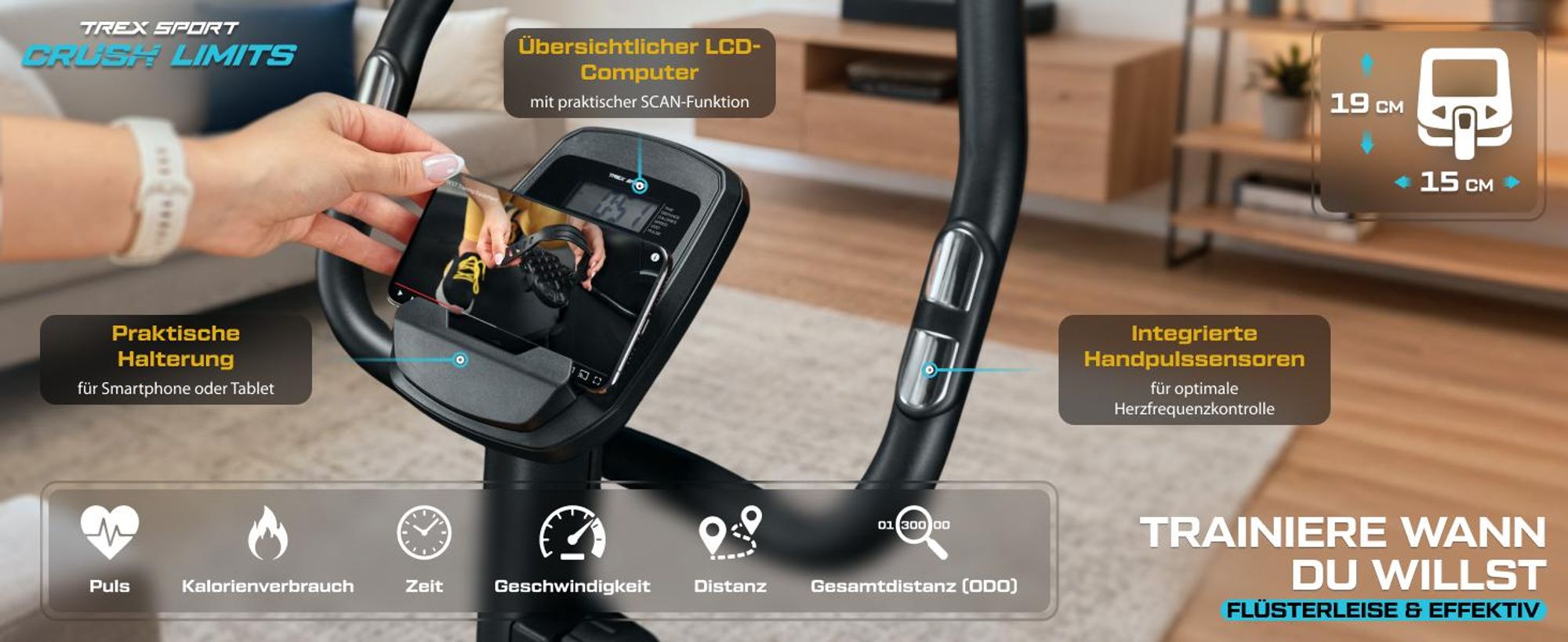 TREX SPORT Heimtrainer Fahrrad für Zuhause TX-380MB RIGON | Magnetisches Fitnessbike, leise | LCD Display, Pulsmesser, 8 Stufen, bis 120kg| Marineblau