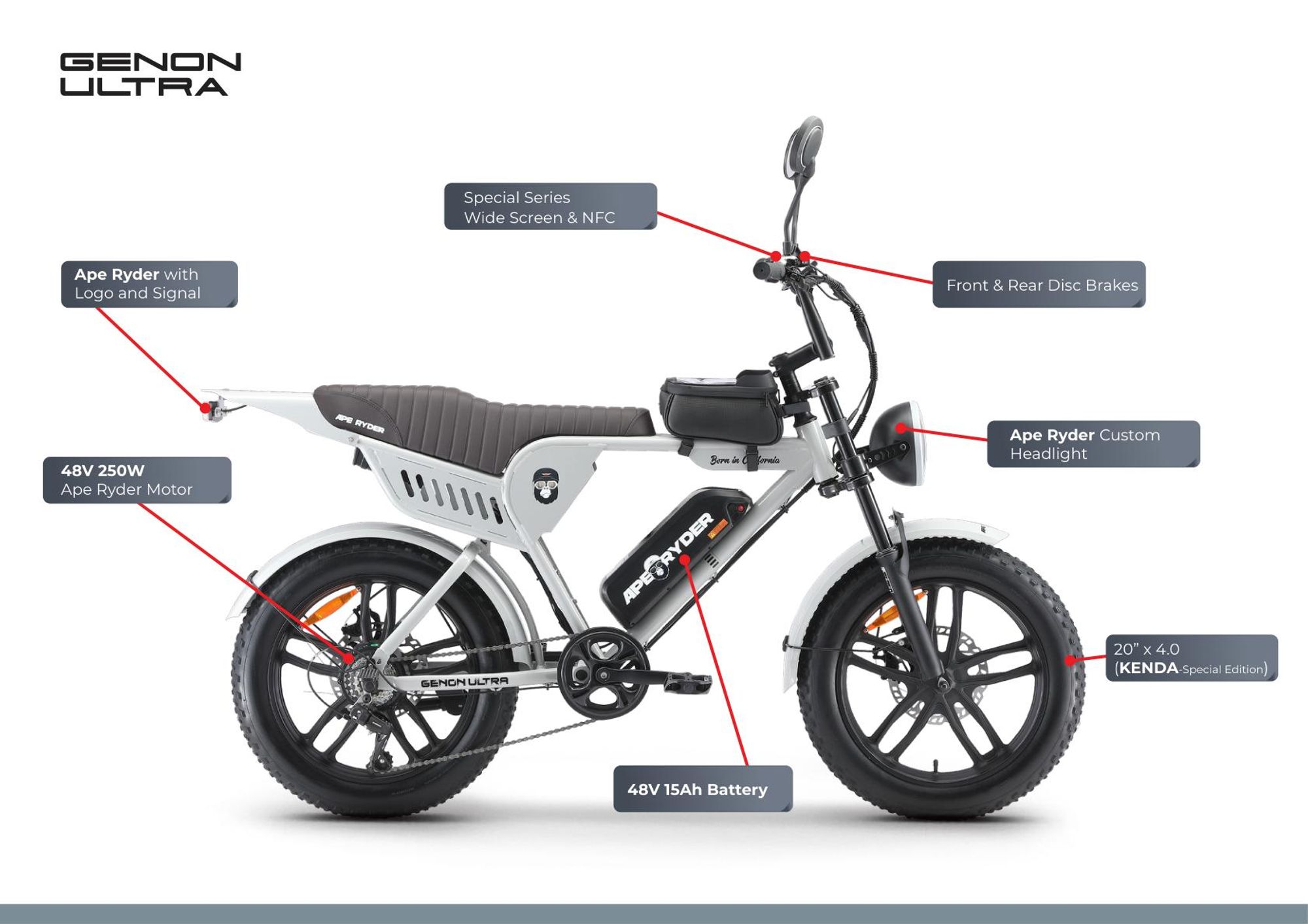APE RYDER Genon Ultra E-Bike 20 Zoll Fatbike, 250W Motor, 48V 15Ah Akku (100-130 km), Shimano 7-Gang, Doppelscheibenbremsen