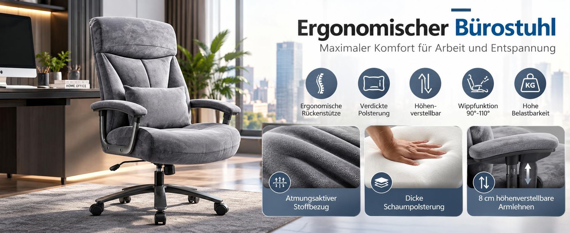 Ergonomischer Bürostuhl, verdickte Polsterung, höhenverstellbar, 90–110° Wippfunktion, atmungsaktiv