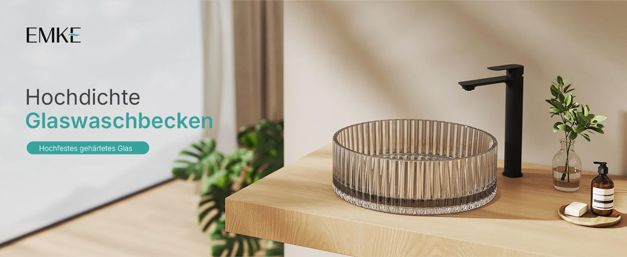 EMKE Aufsatzwaschbecken Rund 400x400x120mm aus gehärtetem Kristallglas Transparent grau Elektroplattiert, ohne Hahnloch & Überlauf, Modernes Design