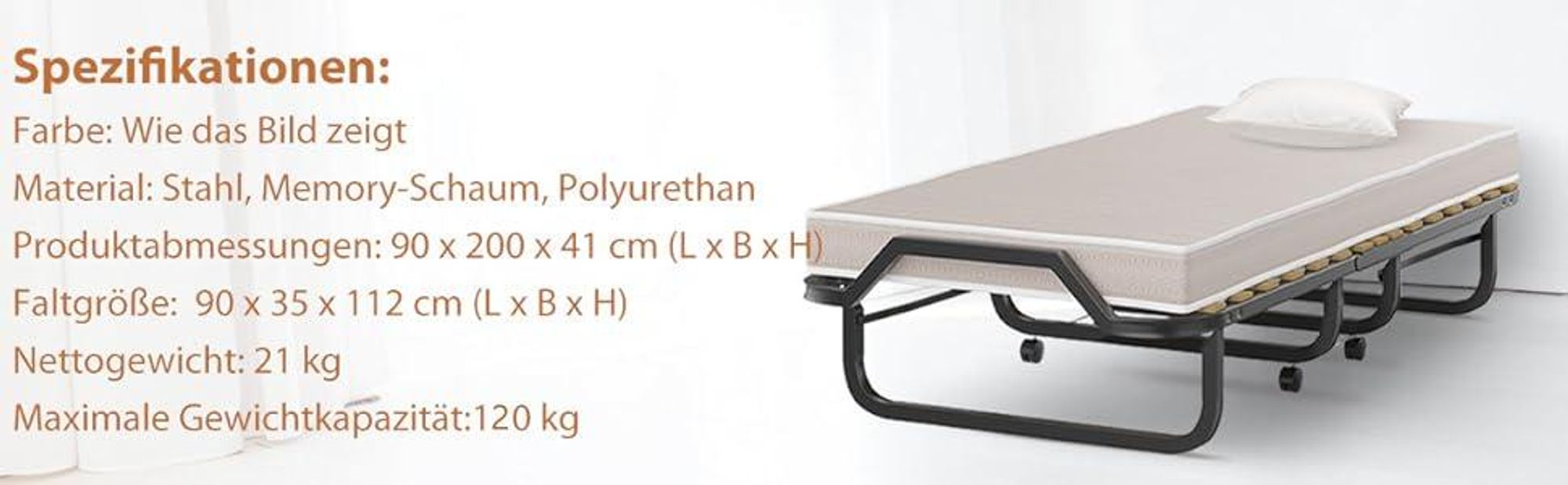 COSTWAY 90x200cm Gästebett klappbar mit Matratze bis 120kg, auf Rädern