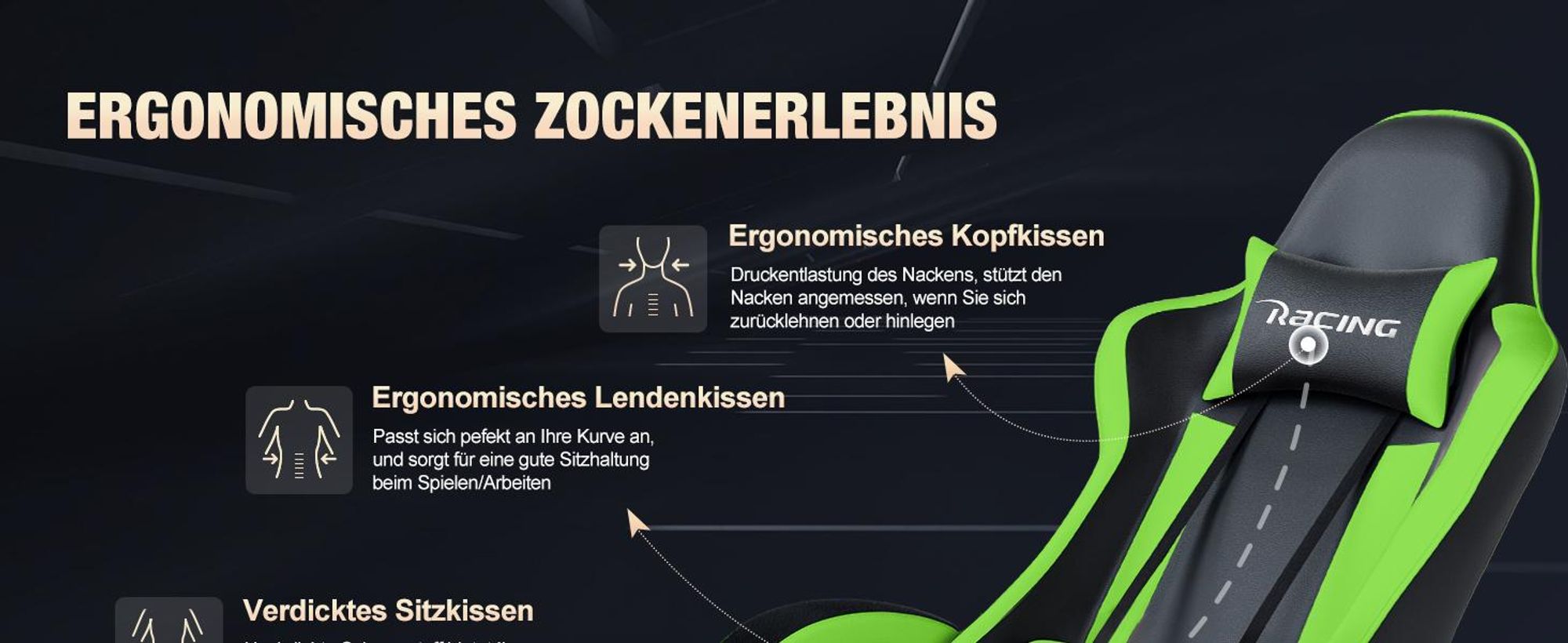 Portreen Gaming Stuhl,Bürostuhl Ergonomischer Gaming Sessel mit Lendenwirbelstütze Fußstütze, gepolstert,Kopfkissen Gaming Stuhl, 150kg Gaming Chair