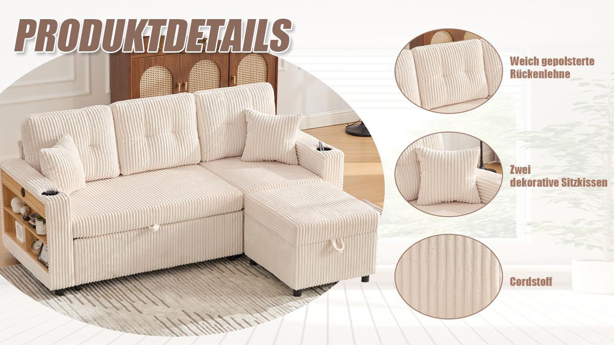 LVHOM Schlafsofa 3 in 1 mit USB und LED, 3 Sitzer Sofa mit Schlaffunktion, Sofabett mit Regal, Modulares Sofa mit Ottomane, Cordstoff, Dunkelgrau