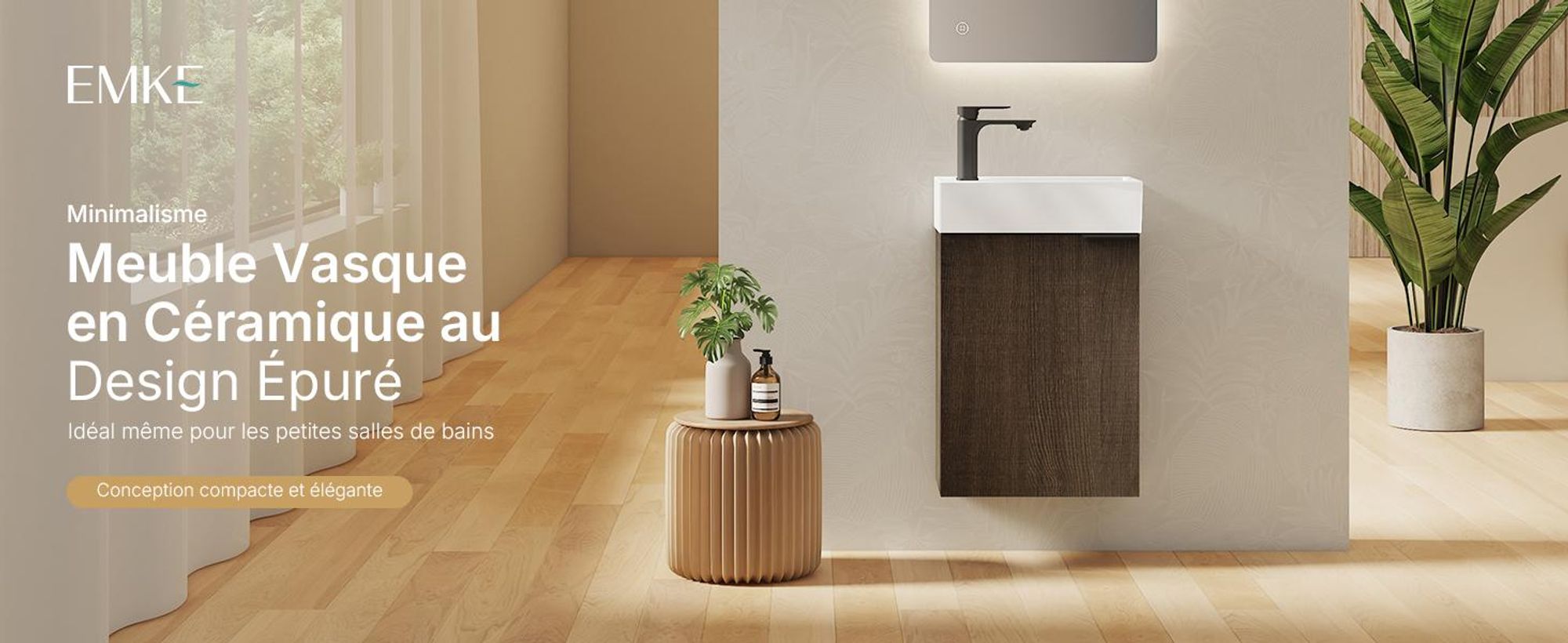 EMKE Ensemble de lavabos Meuble sous-lavabo avec vasque en céramique 417×240×646 mm suspendu, Soft-Close, chêne fumé