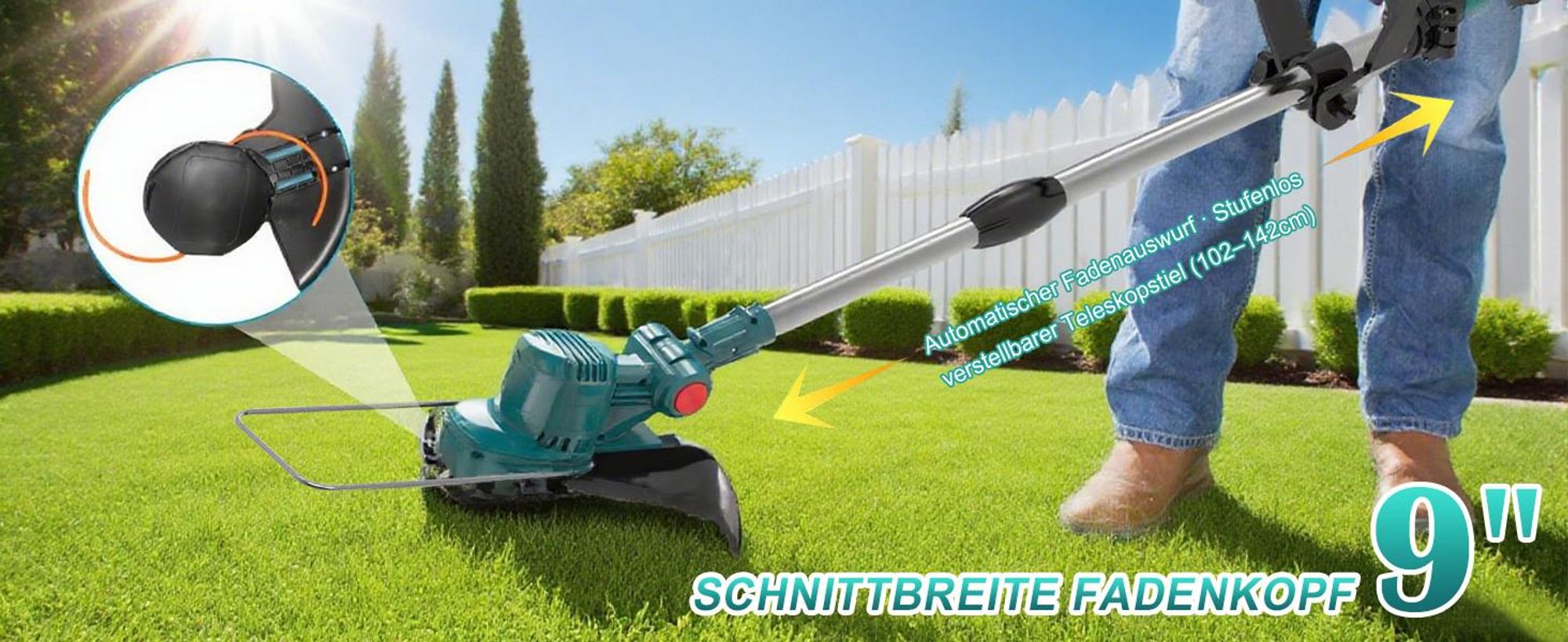 750W Akku Rasentrimmer mit 2x 4000mAh Akkus, Höhenverstellbar, Leichtgewicht, Freischneider mit Unkrautbürste, Sägeblatt, Kunststoff & Metallklingen