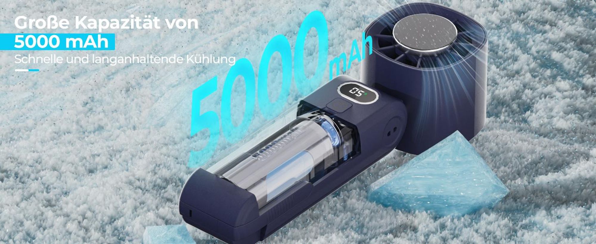 Kühlung Mini Hand Ventilator 5000mAh Akku Aufladbar Lüfter Handheld neck Fan USB, Dunkelblau