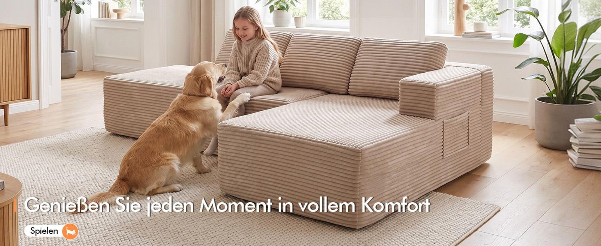 COMHOMA Ecksofa mit Schlaffunktion, 228cm Corduroy Modulares Boneless Couch mit Chaiselongue & Rücken-Metallgestell, L-Form Schlafsofa mit offenem