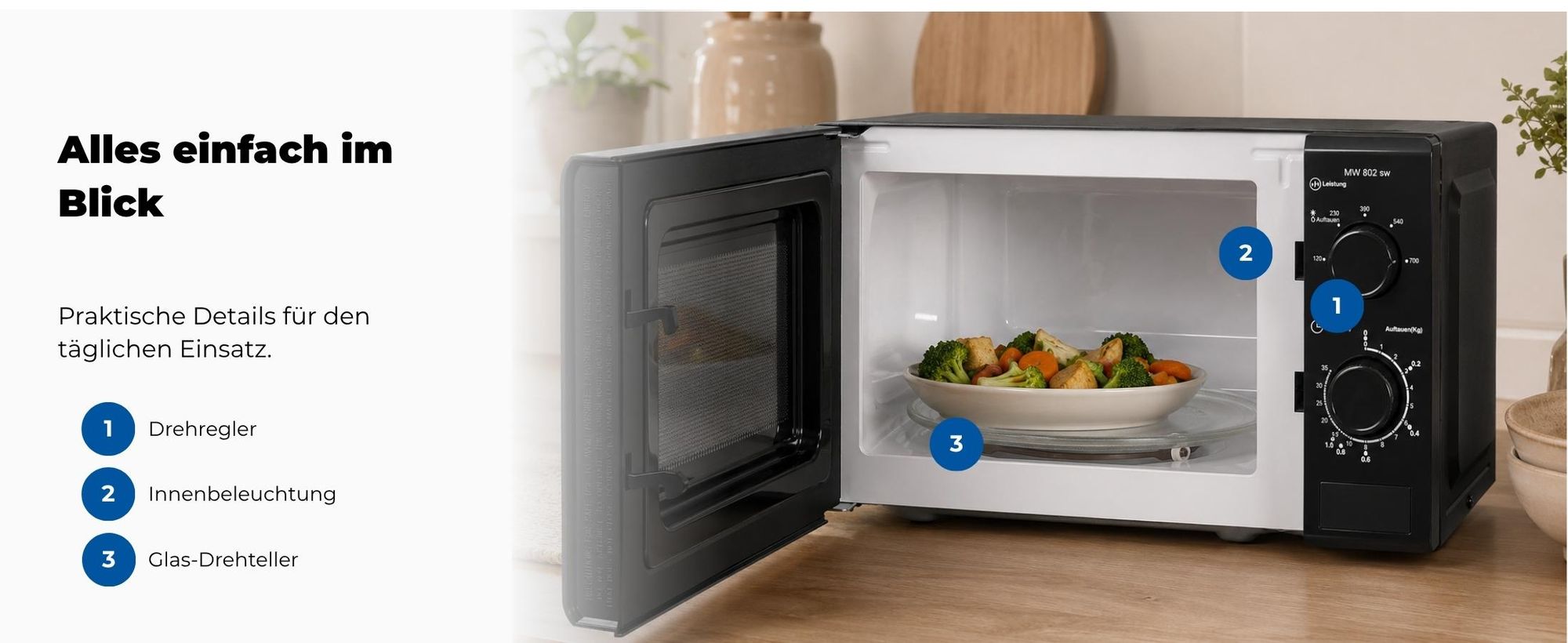 Exquisit Mikrowelle MW 802 sw | 20 l Nutzinhalt | Mit Timer | Auftaufunktion | 5 Leistungsstufen | 25,5cm Ø Drehteller