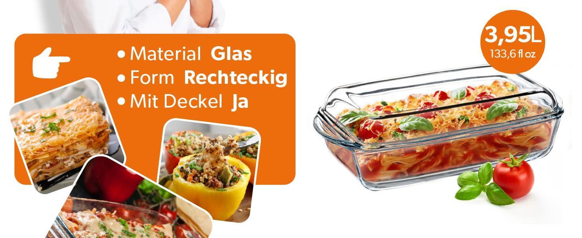 KADAX Auflaufform aus hitzebeständigem Glas „Backe", feuerfestes Gefäß, Glasbräter 4.1L