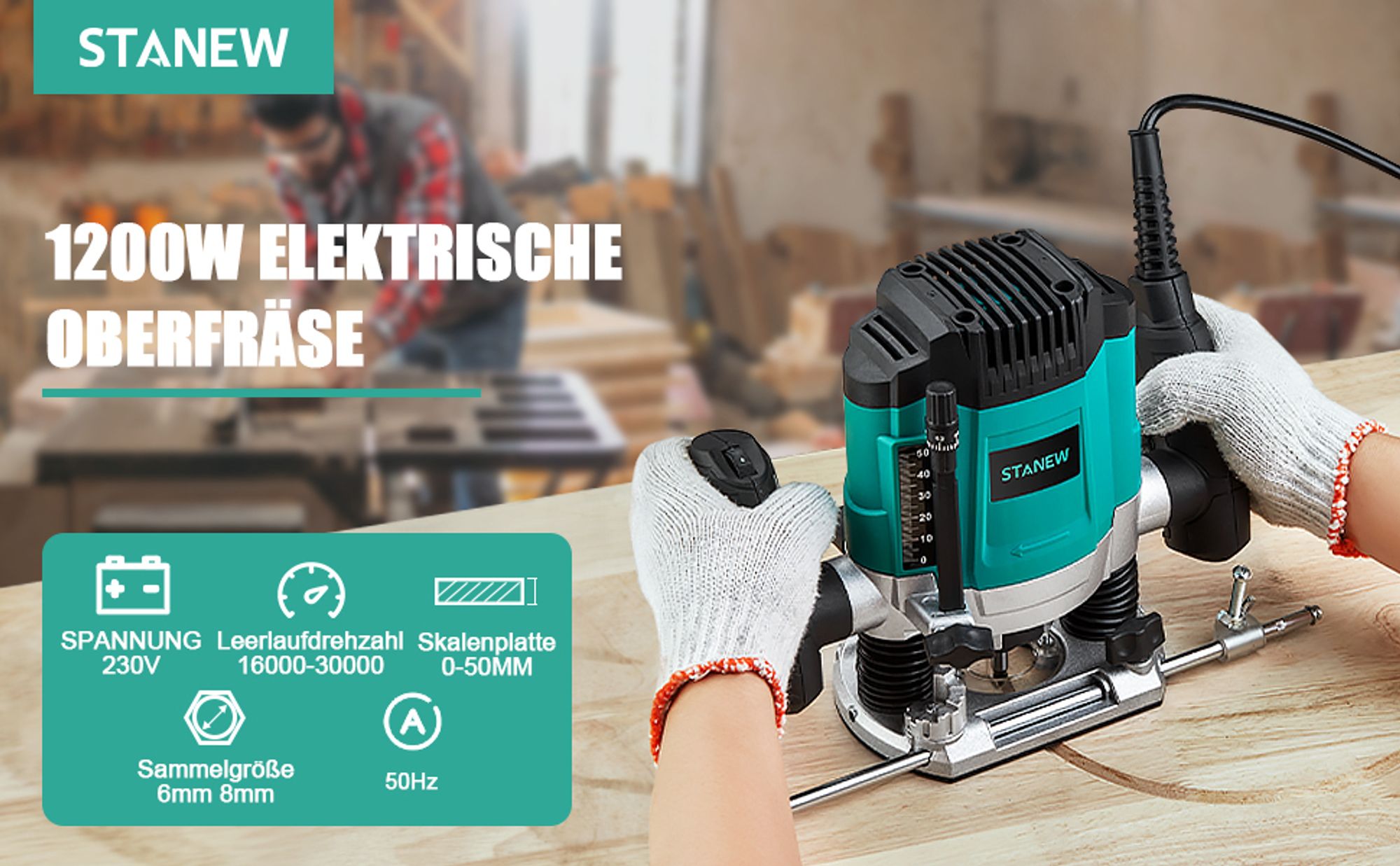STANEW Oberfräse (1200 W, 6 Geschwindigkeiten 16000-30000 U/min, Ø 6 und 8 mm), Professional Vertical Fresatrice für Holzbearbeitung, Holzfräsmaschine