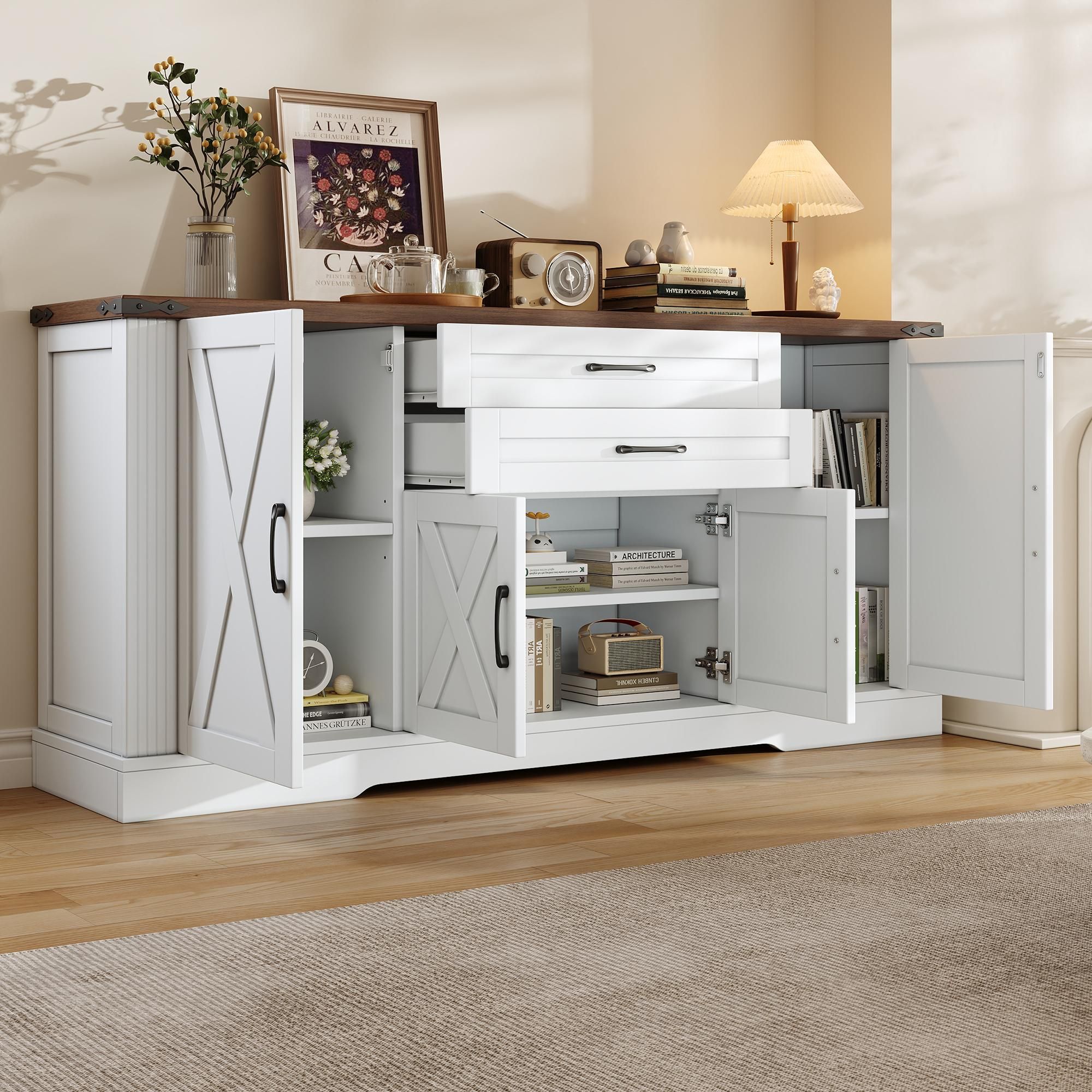 Merax Sideboard Küchenschrank mit Arbeitsplatte, Buffetschrank mirt 4 Türen und 2 Schubladen, Aufbewahrungsschrank, Wohnzimmer, Esszimmer, Weiß