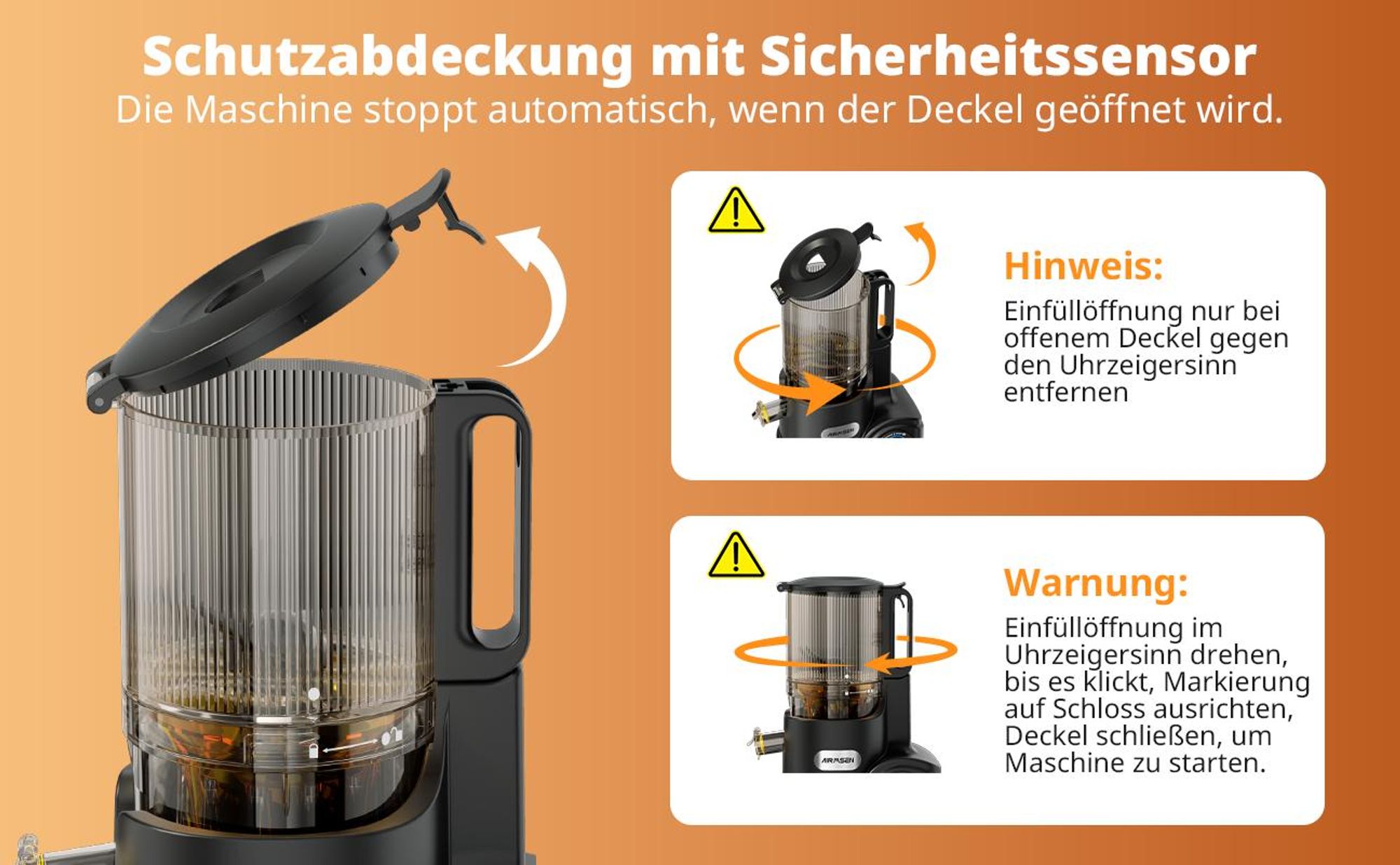 AIRMSEN Entsafter 300W, 140MM Öffnung, 2,1L Entsafter für Gemüse und Obst, Entsafter Slow Juicer mit Dreifachem Filter, Schwarz
