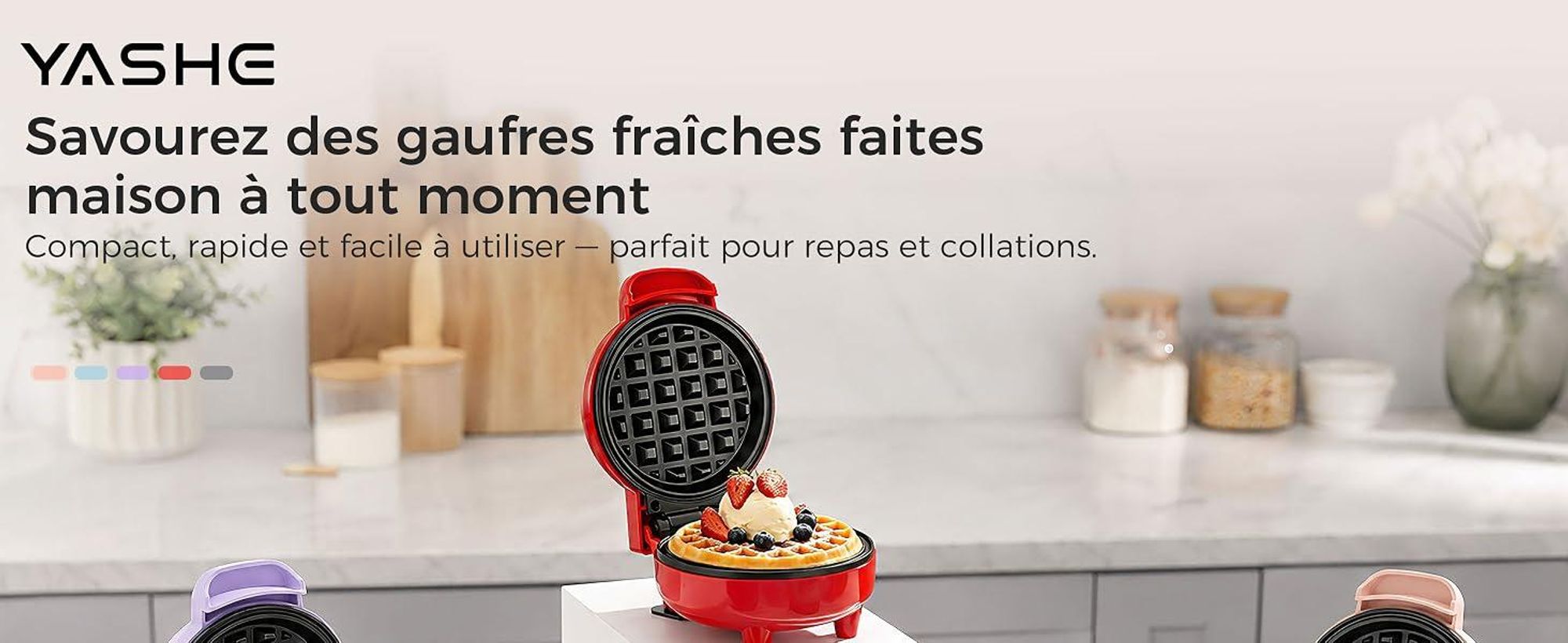 YASHE Mini gaufrier ABW59C, 550 W, plaque 10 cm, antiadhésif, rouge