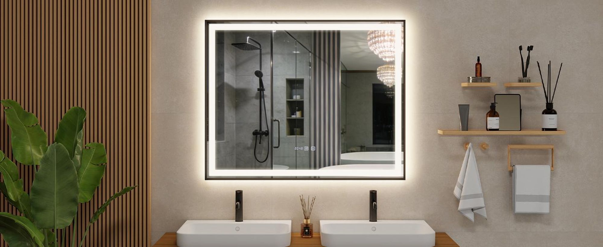 Puluomis Badspiegel 100x80 beschlagfrei mit 3 Farbe Beleuchtung, dimmbare Helligkeit, Badezimmerspiegel mit Digitaluhr, Temperatur schwarz