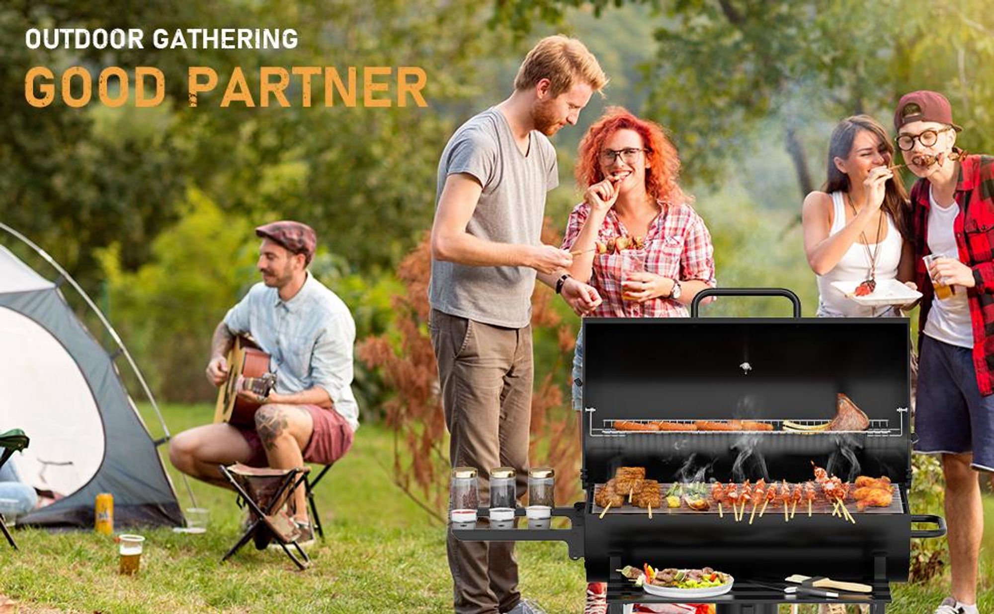 TEENO Chariot à Barbecue de Bois,Grill XXL à Charbon avec Couvercle, Thermomètre,Tiroir à Cendres,Comprend une housse en tissu imperméable