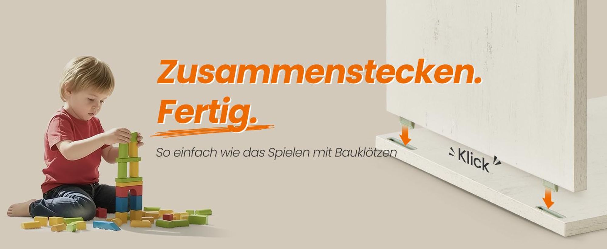 Sideboard, Toolless-Technologie, superschnelle werkzeuglose Montage, Küchenschrank mit Arbeitsplatte, weiß-braun