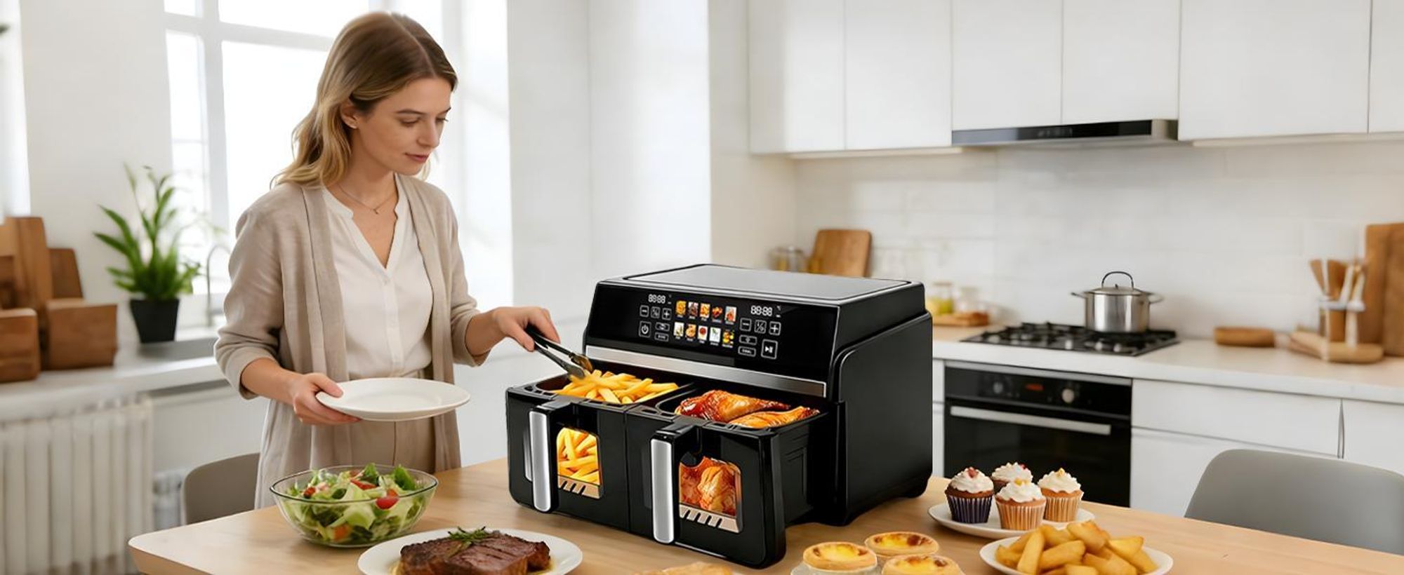 ZMH Heißluftfritteuse 2 Kammern 10L XXL  Air fryer doppelkammer Sichtfenster Dual ZoneSYNC DUAL 2200W Touchscreen Timer bis 24h 10 Programmen