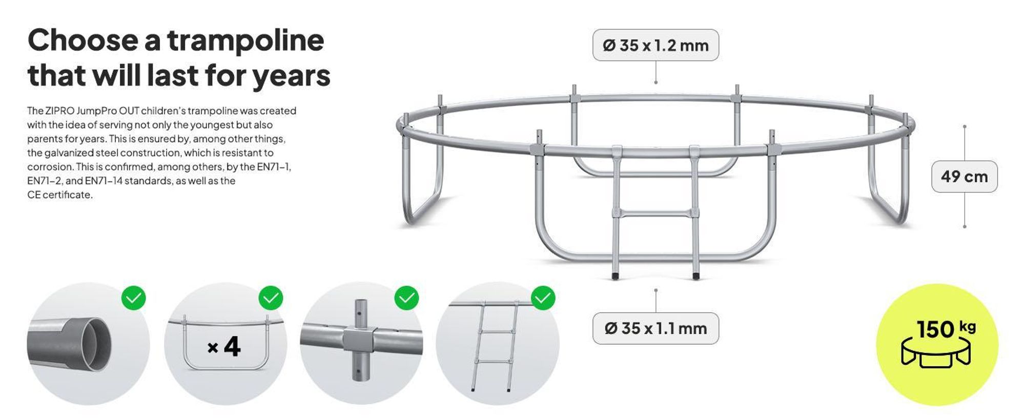 ZIPRO Trampolína Jump Pro Out | 8FT Ø 252 cm | Zahradní trampolína Dětská trampolína Kompletní sada včetně vnější sítě, žebříku a krytu okraje, venkovní, zelená