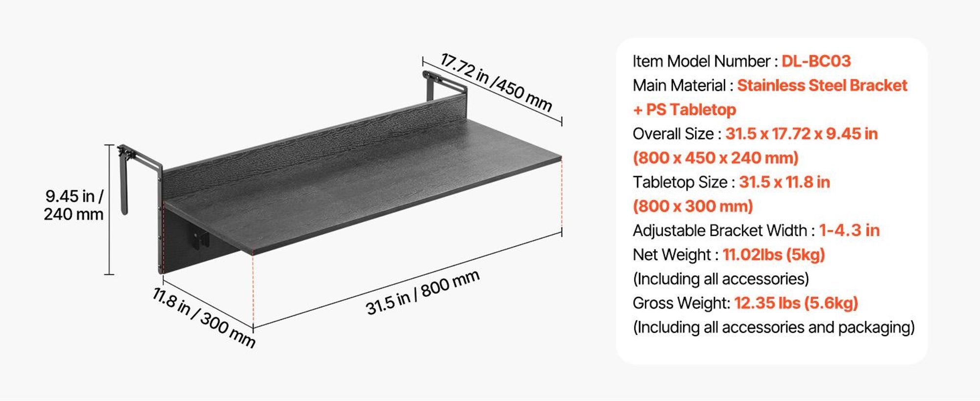 VEVOR Balkontisch, 800x300 mm, klappbarer Balkonhängetisch, Klapptisch für den Außenbereich, 22 kg Tragkraft, passend für Geländer von 2,54 bis 15 cm, Serviertisch für Terrasse und Deck