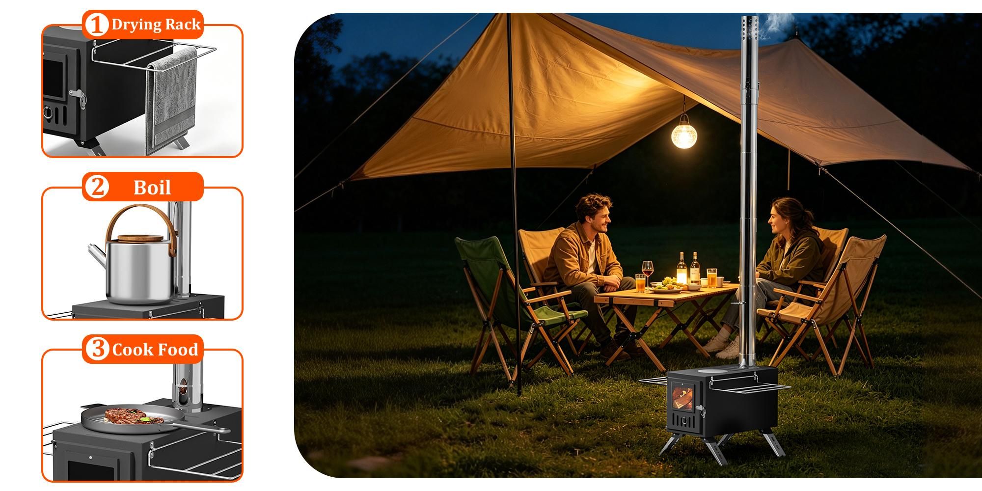 unho Camping-Holzofen, Holzofen mit Sichtfenster Schornsteinrohren tragbarer Holzofen für Camping Kocher Notofen Herd Heizung Outdoor