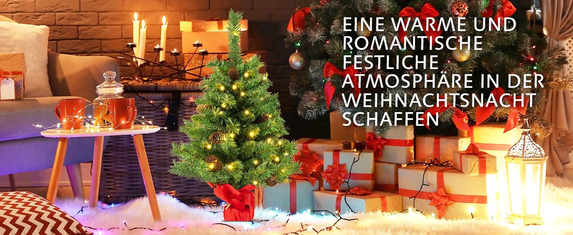 COSTWAY 64 cm Künstlicher Weihnachtsbaum mit Beleuchtung, Kleiner Tannenbaum mit 8 Lichtmodi, 8 Tannenzapfen & Zementbasis, Weihnachtsdeko, Tisch-Christbaum für Zuhause, Büro