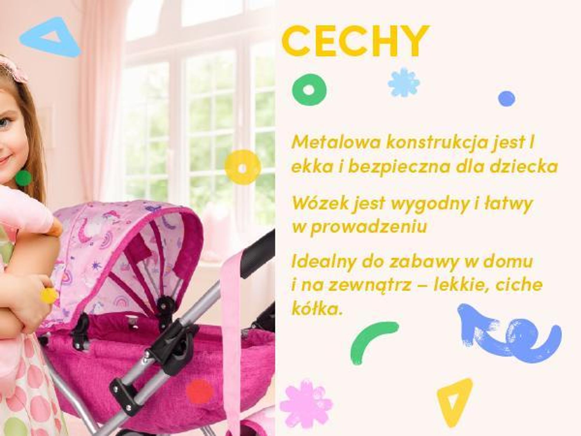 Wózek gondola dla lalek różowa z torbą i motywem jednorożca