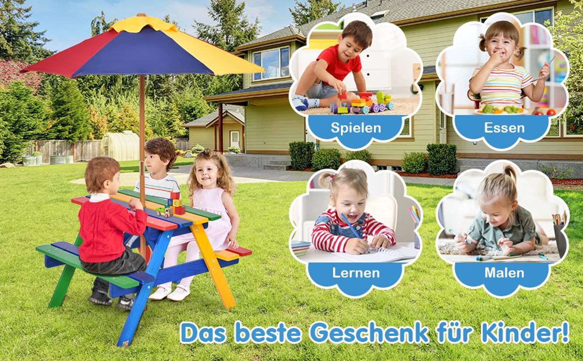 COSTWAY Kindersitzgruppe mit Sonnenschirm, Kindersitzgarnitur aus Massivholz, Kinder Picknicktisch, Sitzgruppe Outdoor, Sitzgarnitur, Gartenmöbel
