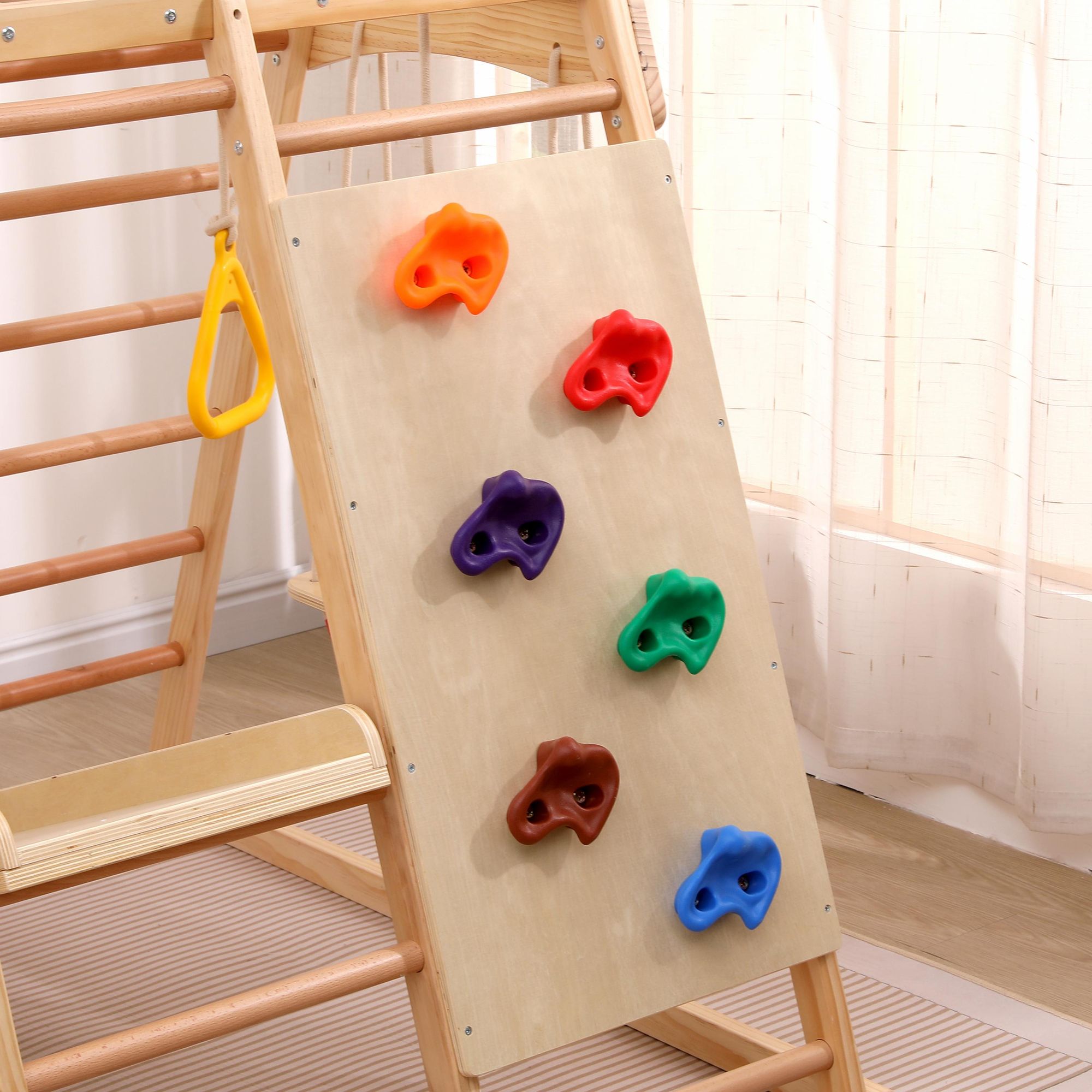 Merax Klettergerüst 8-in-1 Kletterdreieck aus Holz, Kletterwand mit Rutschbahn, Schaukel, Leiter, Kletternetz und Ringe, Indoor-Spielplatz Spielset