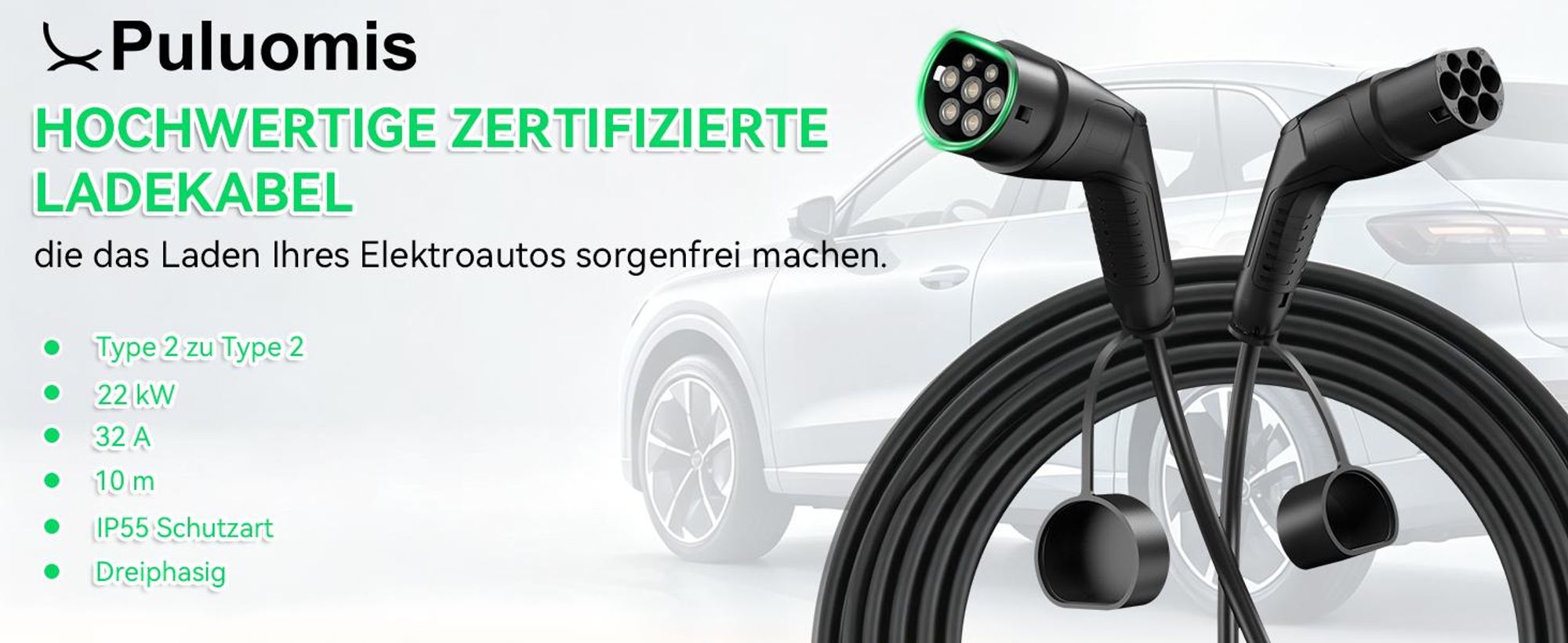 Puluomis Ladekabel 22kW 10m Typ 2/CCS Schnittstelle für Elektroauto, EV Ladekabel 3-phasig 32A, IP55 Wasserdicht mit Schutzhülle, Tasche