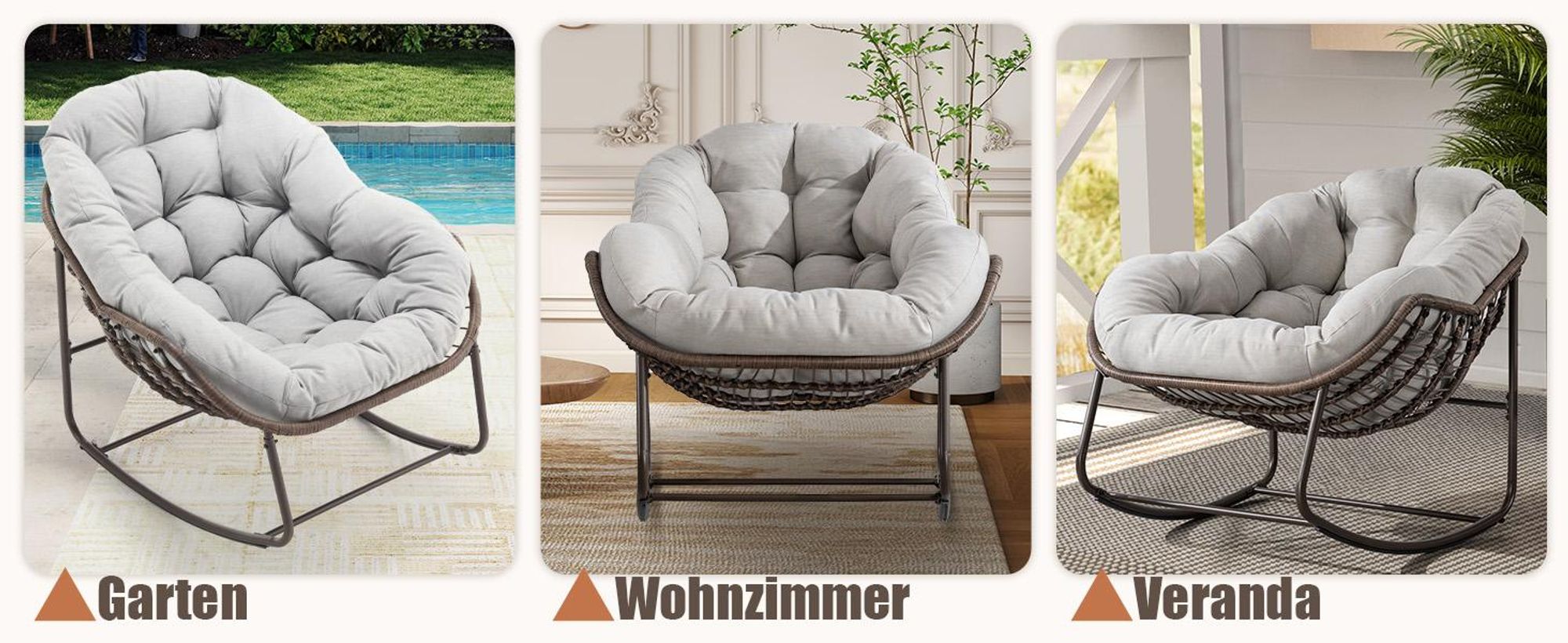 LVHOM Schaukelsessel Garten mit gepolstertem Kissen, Rattanstuhl mit Stahlrahmen, Schaukelstuhl Outdoor Loungesessel, Sessel für Balkon, Hellgrau