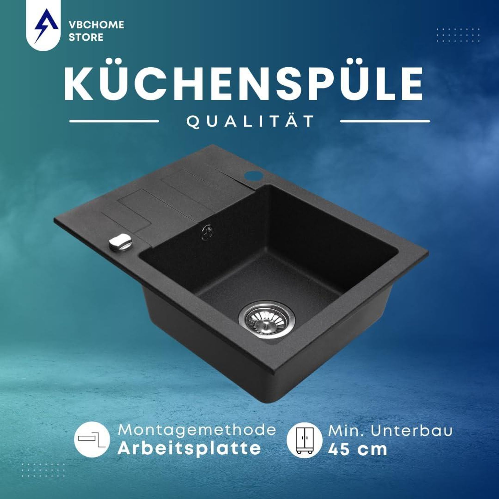 VBChome Granitspüle 59 x 44 cm Schwarz mit Armatur Einzelbecken Einbauspüle Reversibel Gesprenkelt Pflegeleichtes Spülbecken mit Siphon