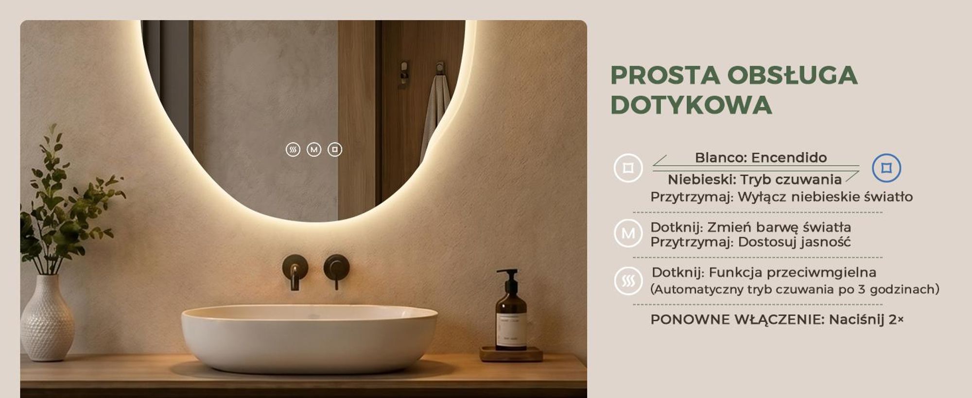 S'AFIELINA Lustro Łazienkowe LED 48 × 72 cm, Podświetlane, Asymetryczne,3 barwy światła, regulacja jasności, funkcja przeciwmgielna i pamięć ustawień
