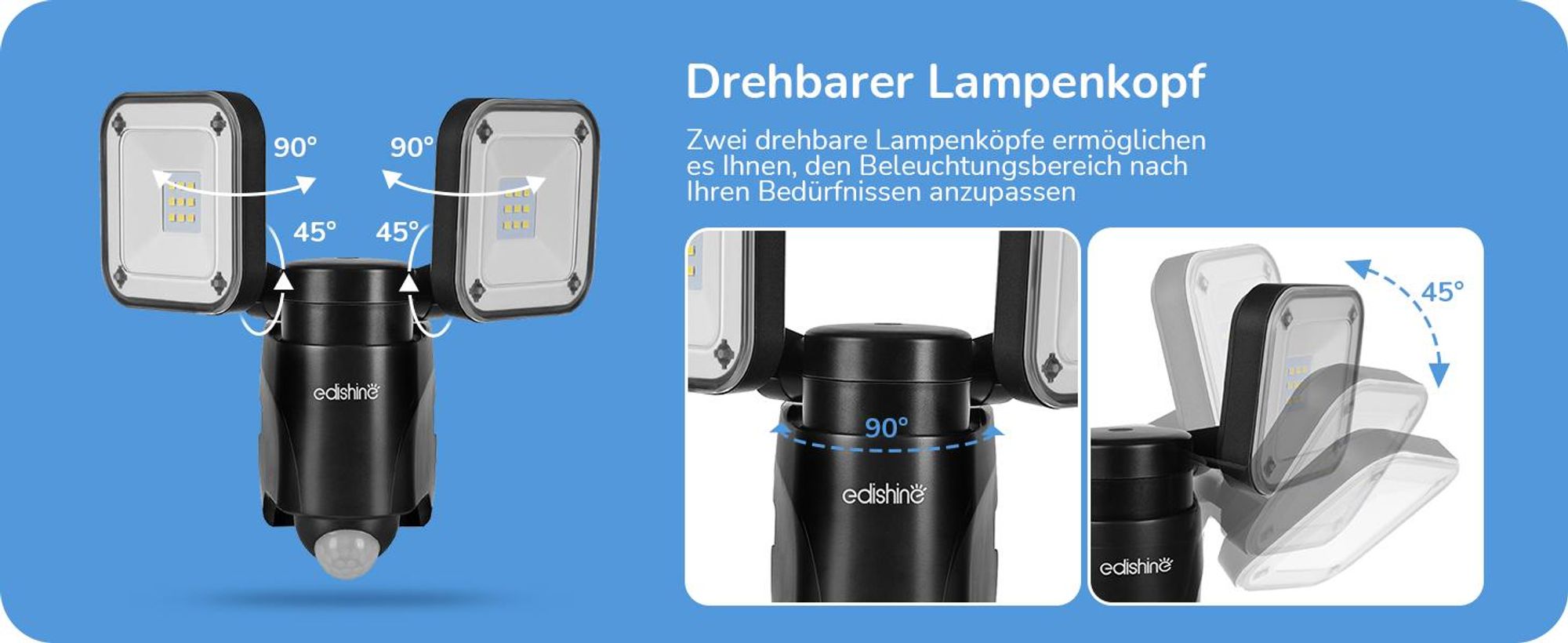 EDISHINE LED Strahler mit Bewegungsmelder Außen, akku Außenstrahler schwenkbar, 6000K Flutlichtstrahler