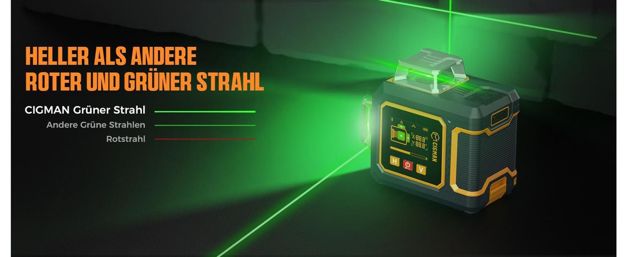 CIGMAN CM-S03 Kreuzlinienlaser 3x360° Grün mit App & LCD-Display